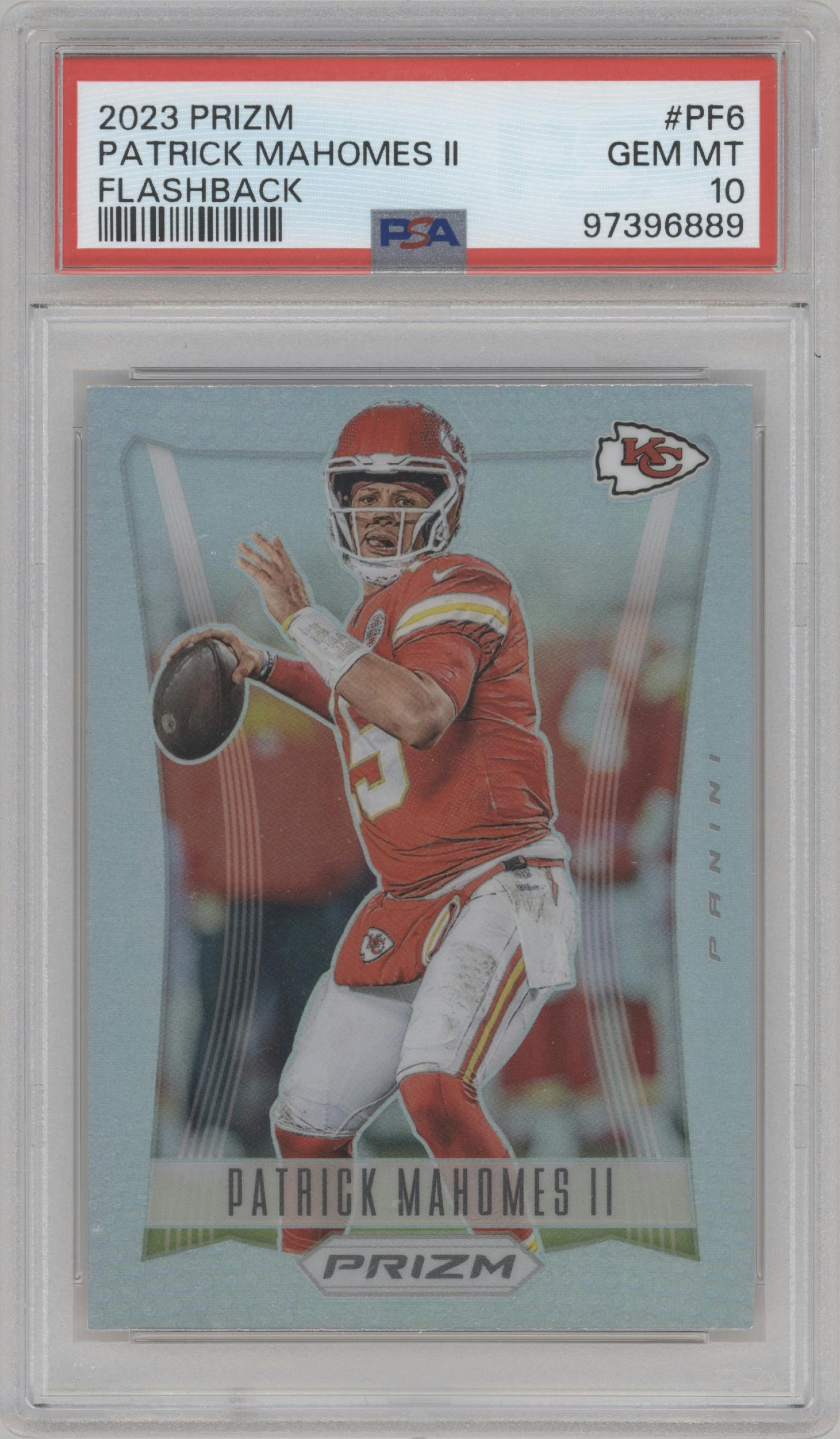 Patrick Mahomes II from the 2023 Panini Prizm set graded by PSA and given an overall grade of 10.