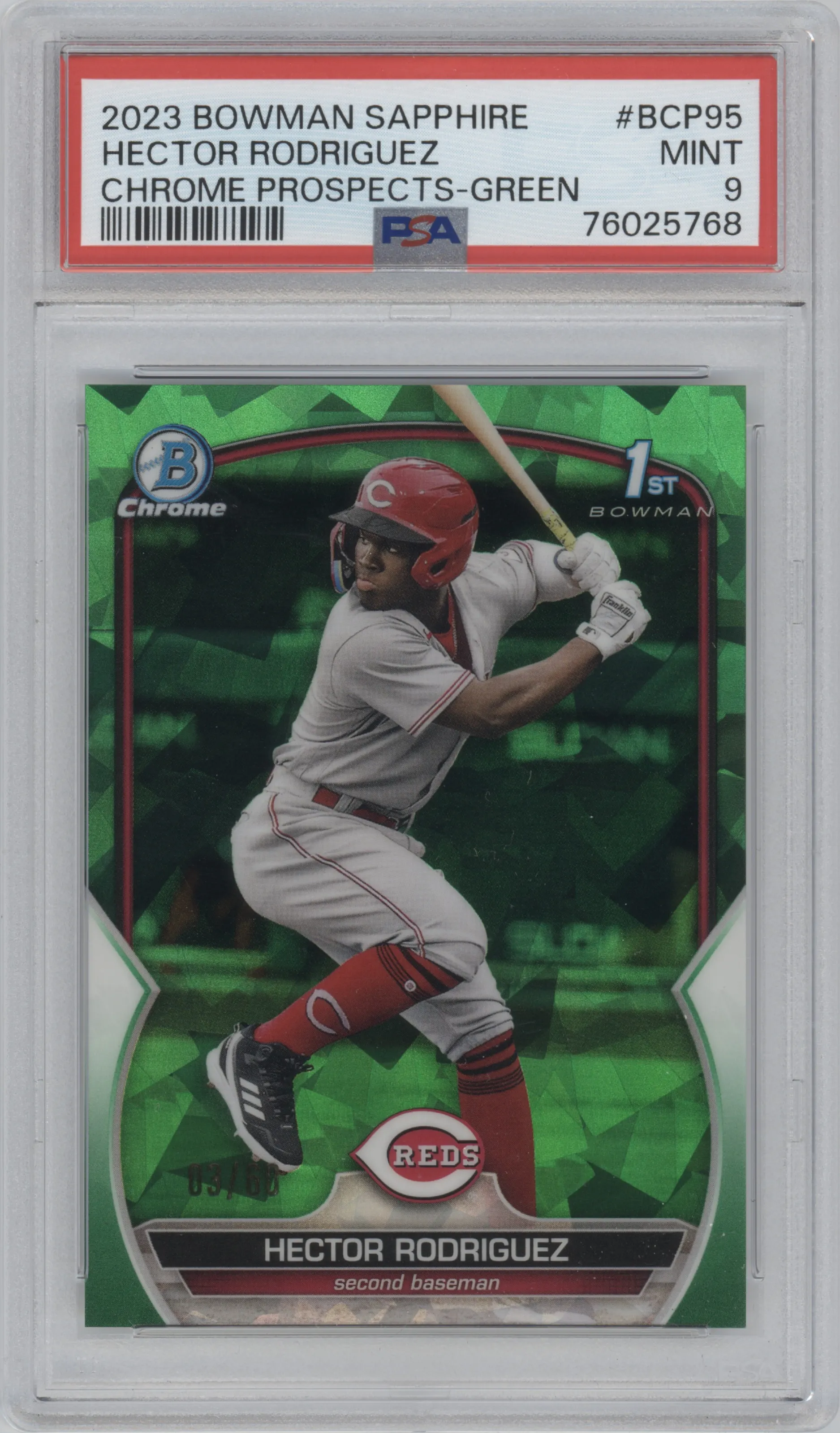 Hector Rodriguez from the 2023 Bowman Sapphire Edition set featuring a Green parallel graded by PSA and given an overall grade of 9.