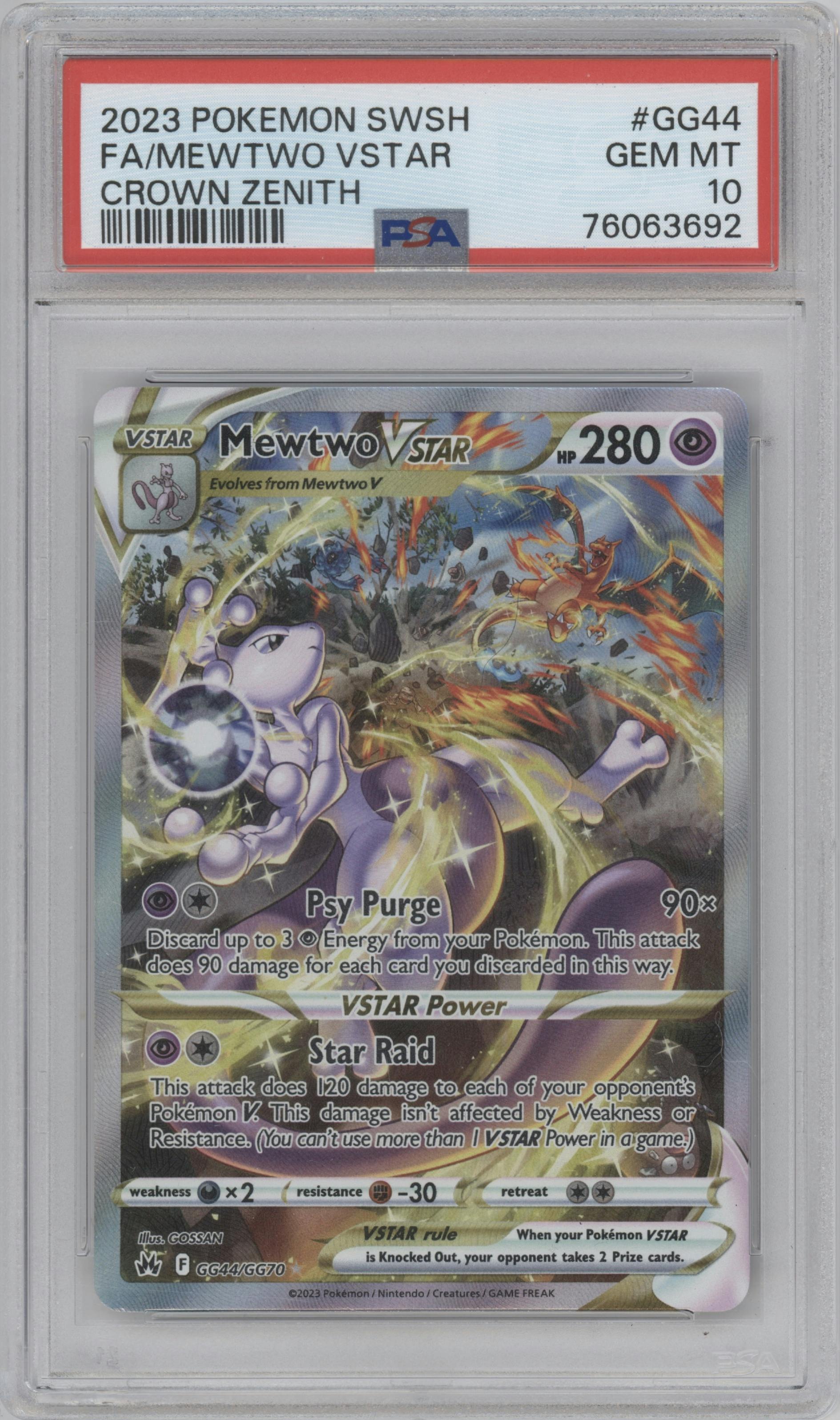 Mewtwo VSTAR from the 2023 Pokemon SWSH set graded by PSA and given an overall grade of 10.