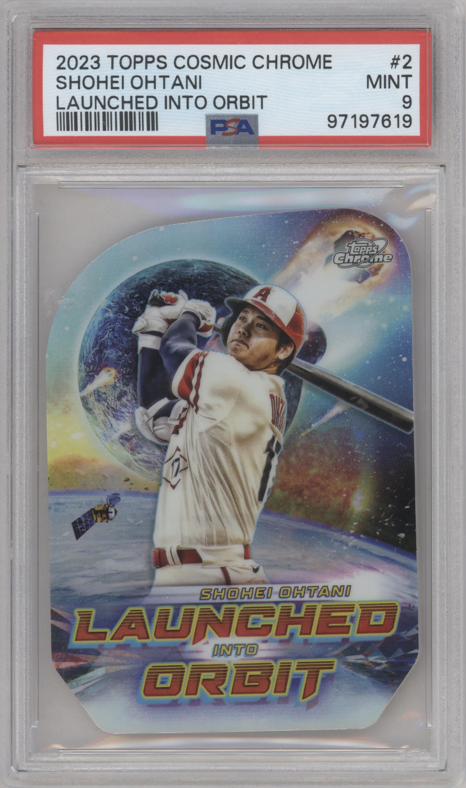 Shohei Ohtani from the 2023 Topps Cosmic Chrome set graded by PSA and given an overall grade of 9.