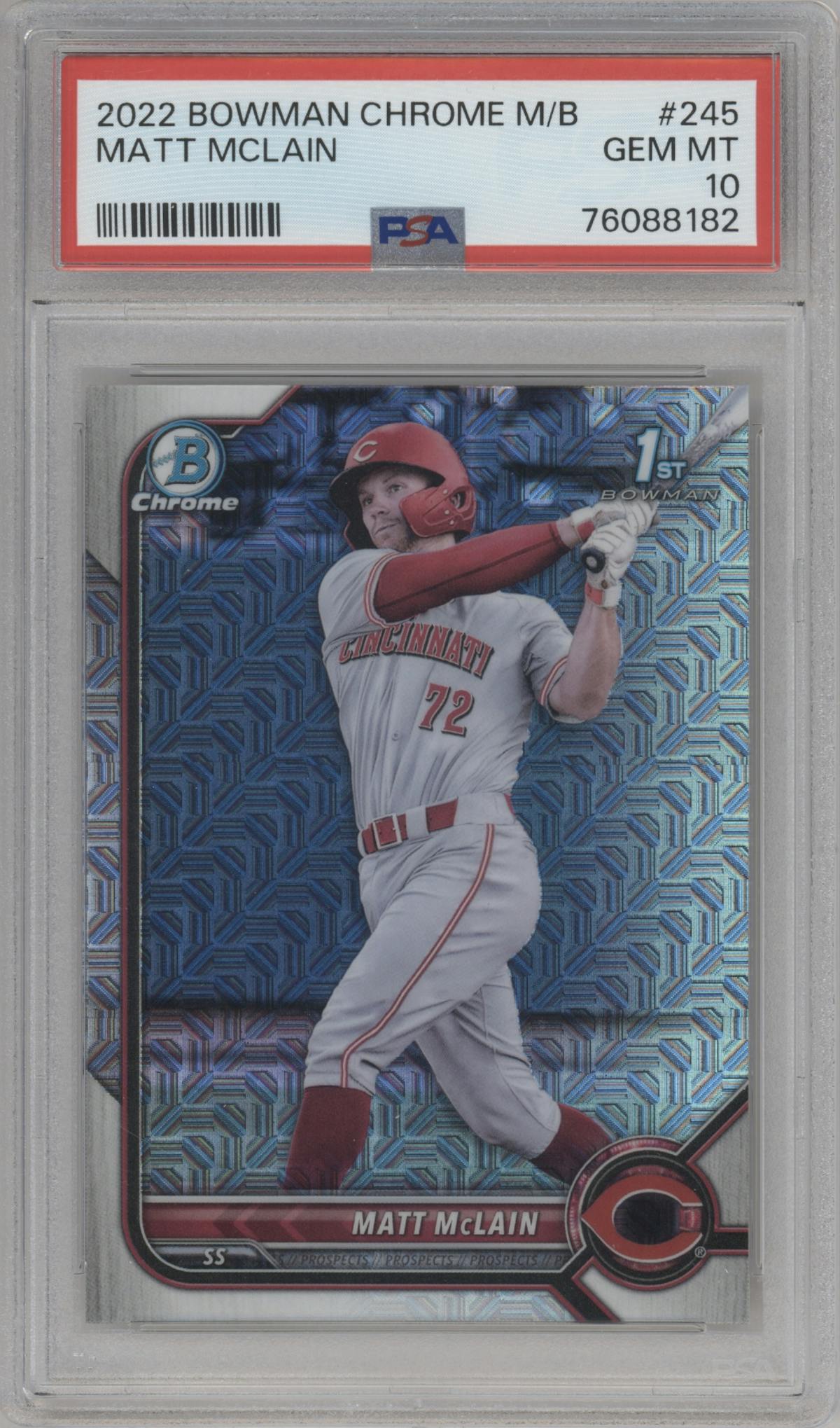 Matt McLain from the 2022 Bowman Chrome Mega Box set graded by PSA and given an overall grade of 10.