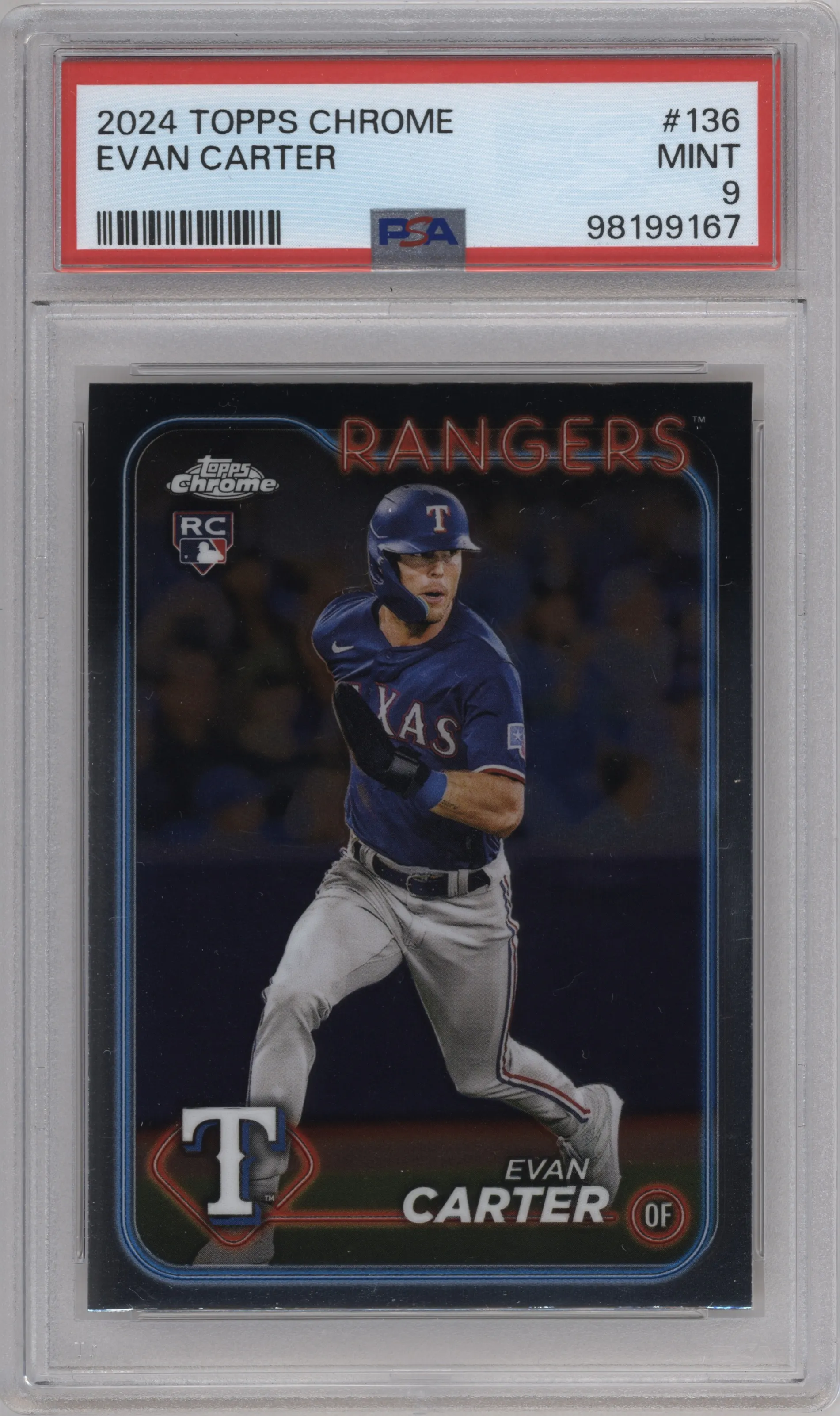 Evan Carter  from the 2024 Topps Chrome set graded by PSA and given an overall grade of 9.