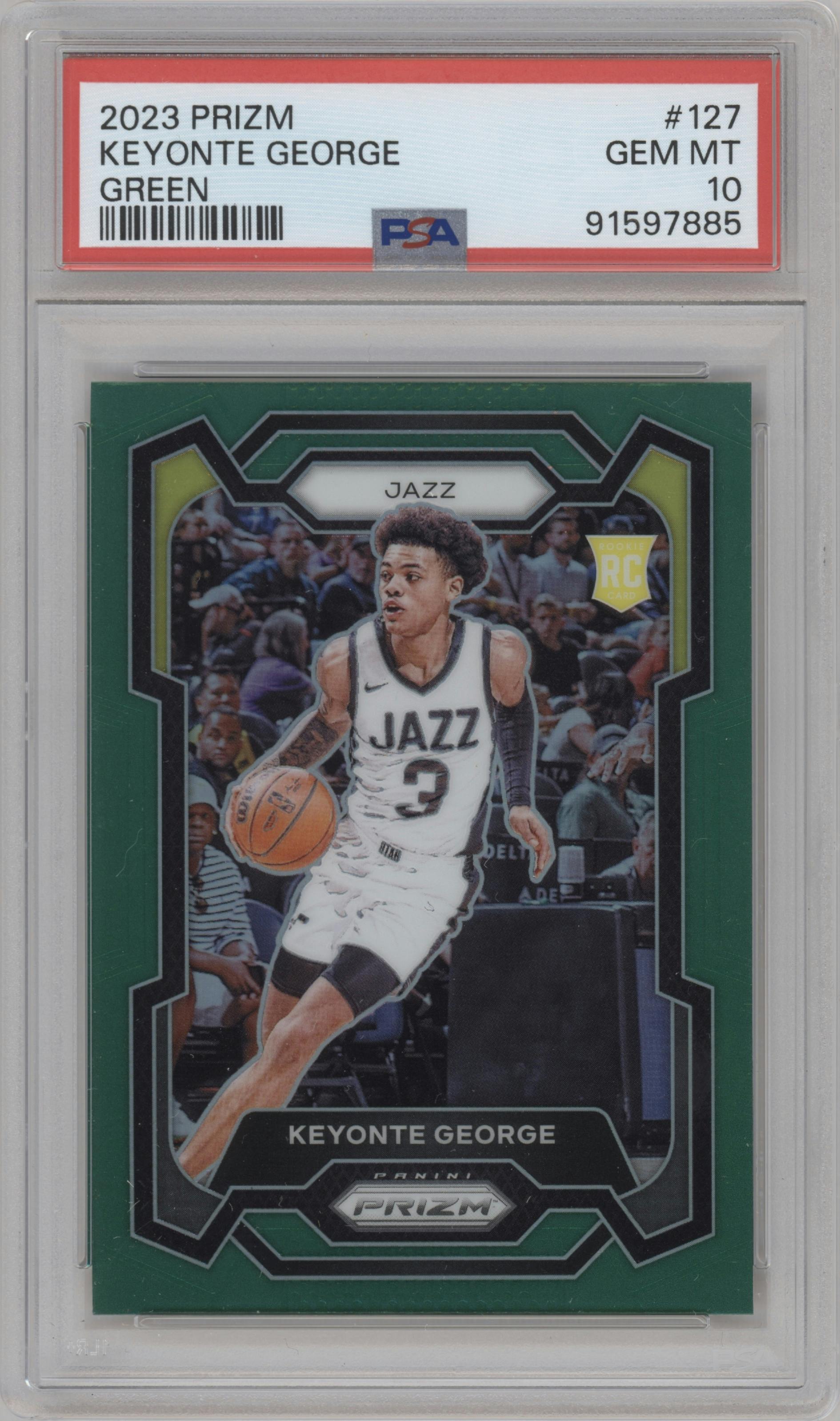 Keyonte George from the 2023-24 Panini Prizm set featuring a Green Prizm parallel graded by PSA and given an overall grade of 10.