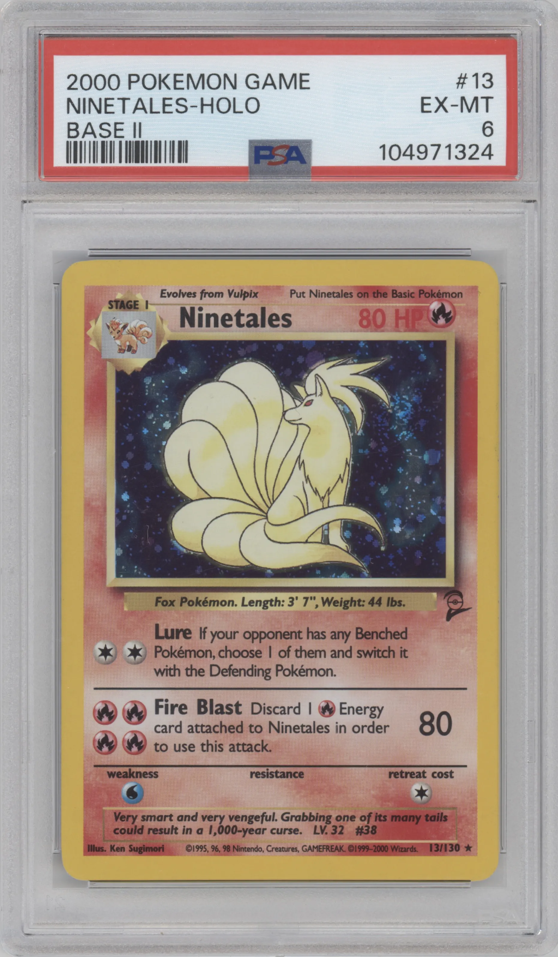 Ninetales from the 2000 Pokemon set graded by PSA and given an overall grade of 6.