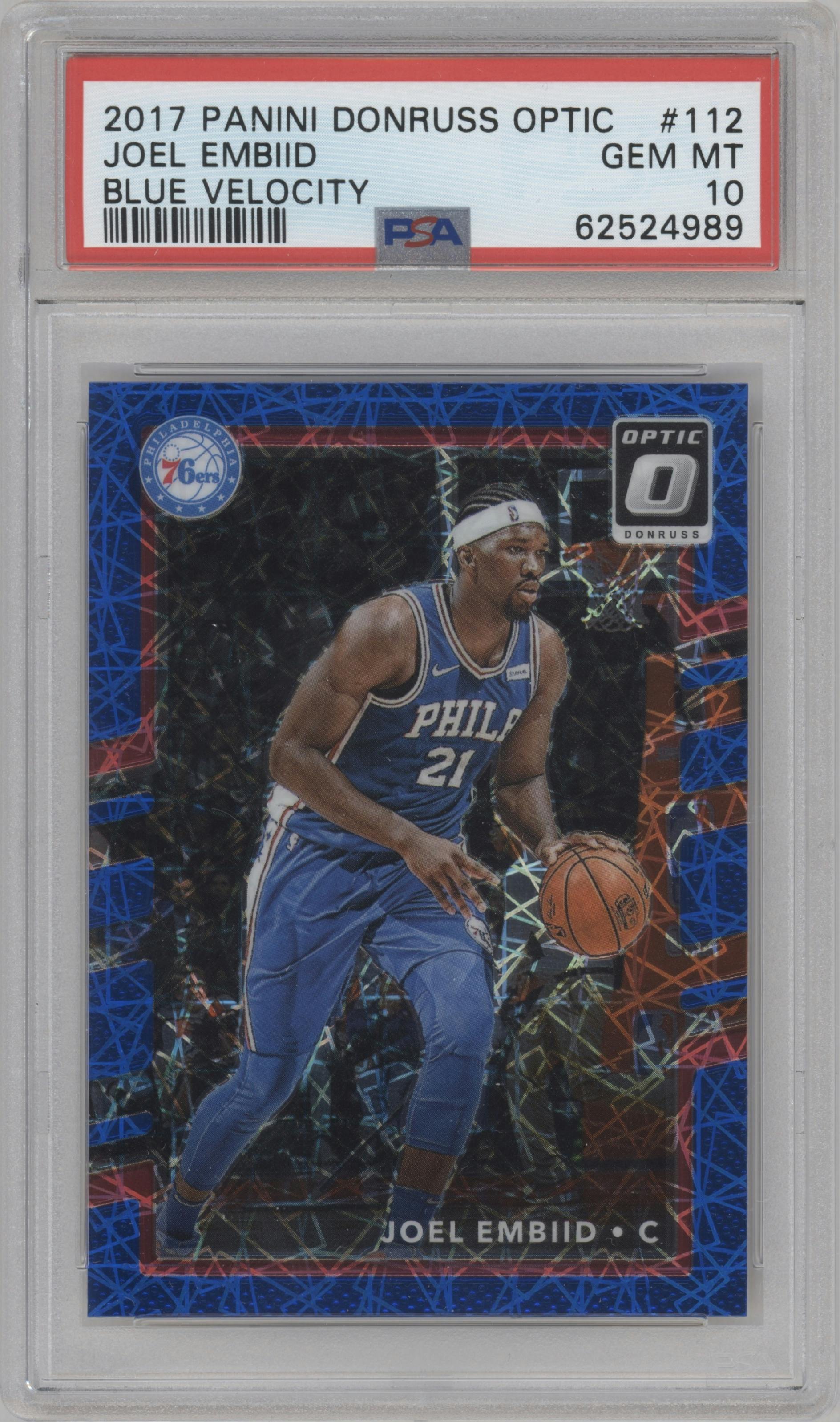 Joel Embiid from the 2017-18 Panini Donruss Optic set featuring a Blue Velocity parallel graded by PSA and given an overall grade of 10.