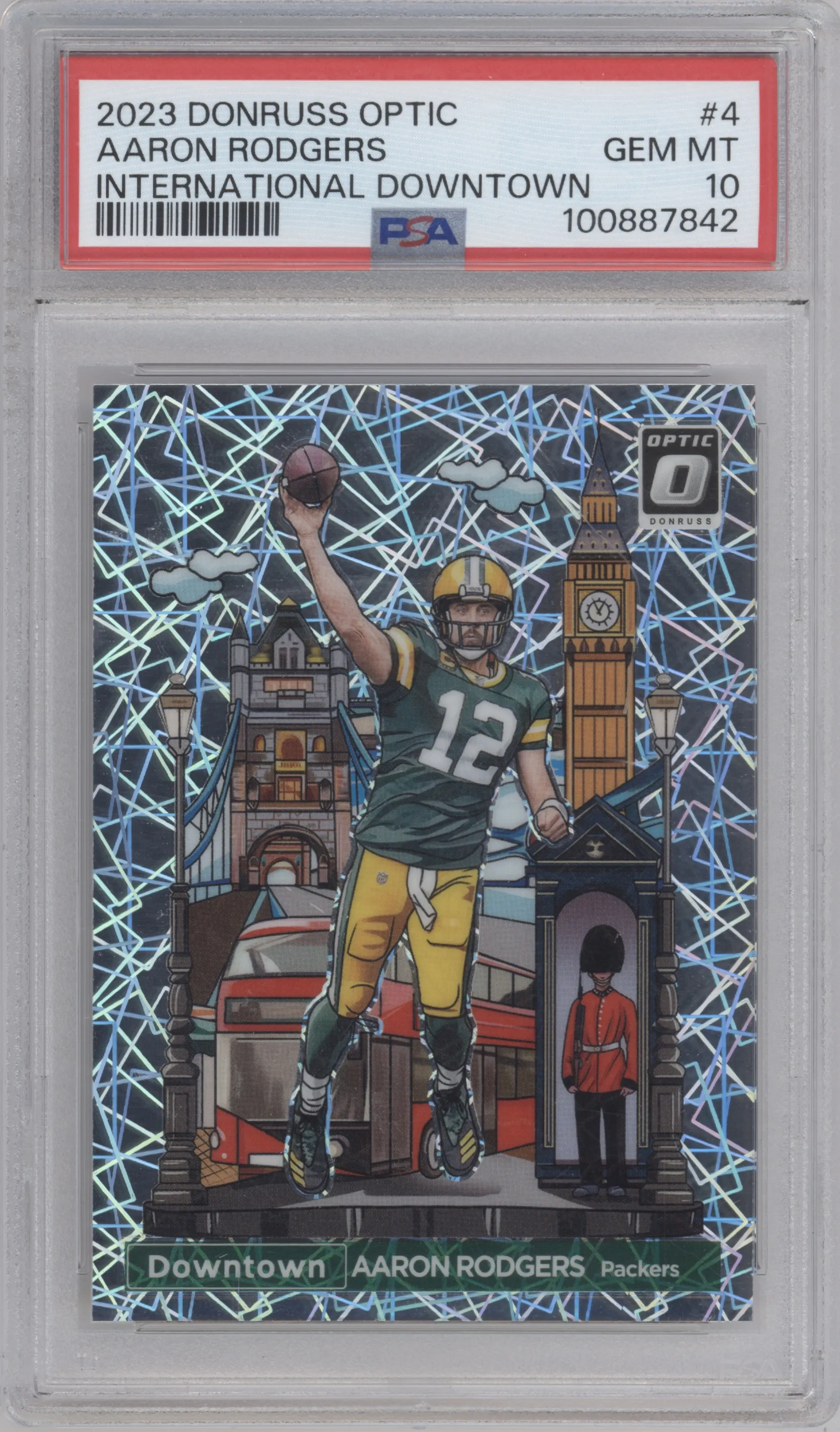 Aaron Rodgers from the 2023 Donruss Optic set graded by PSA and given an overall grade of 10.
