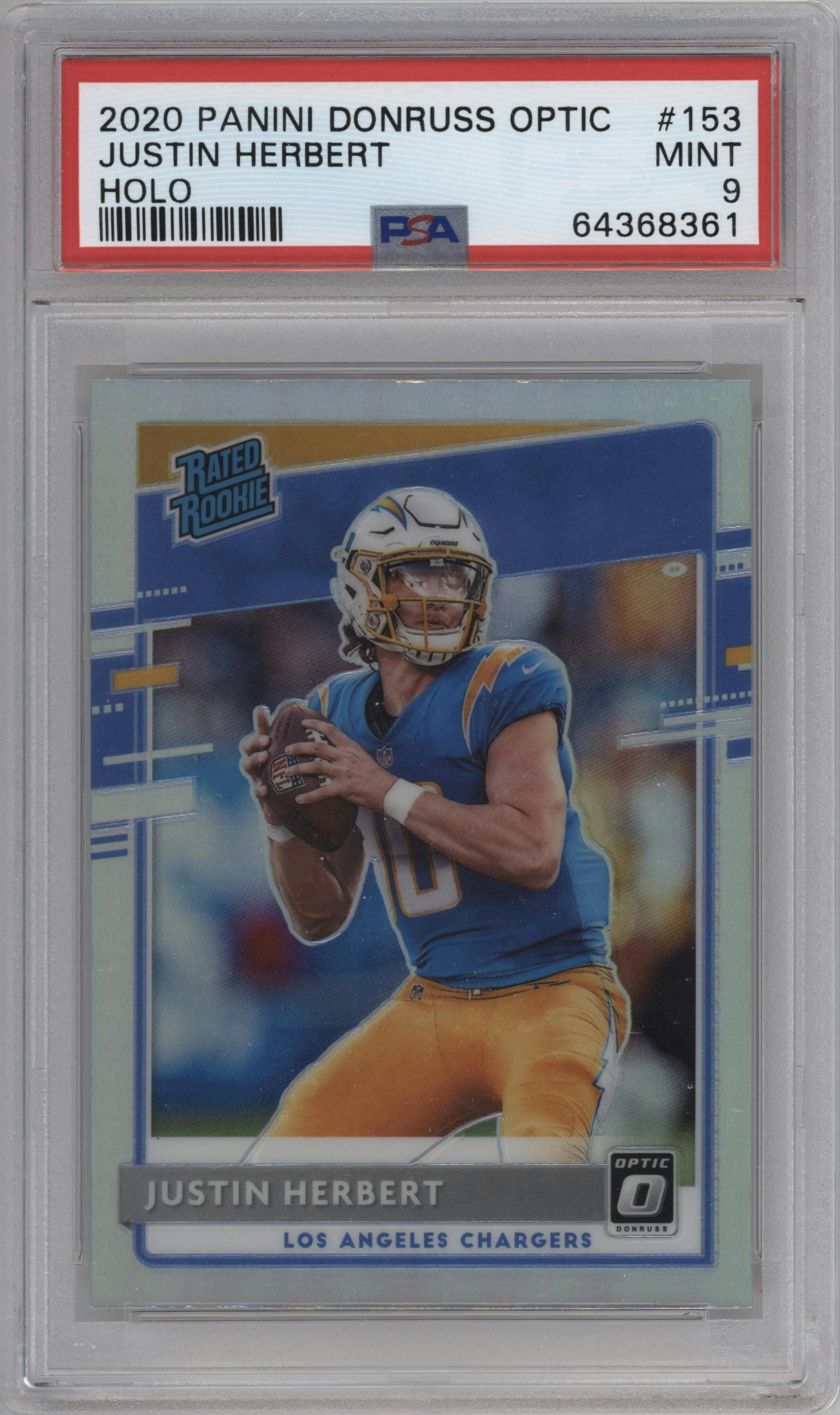Justin Herbert from the 2020 Panini Donruss Optic set featuring a Holo parallel graded by PSA and given an overall grade of 9.