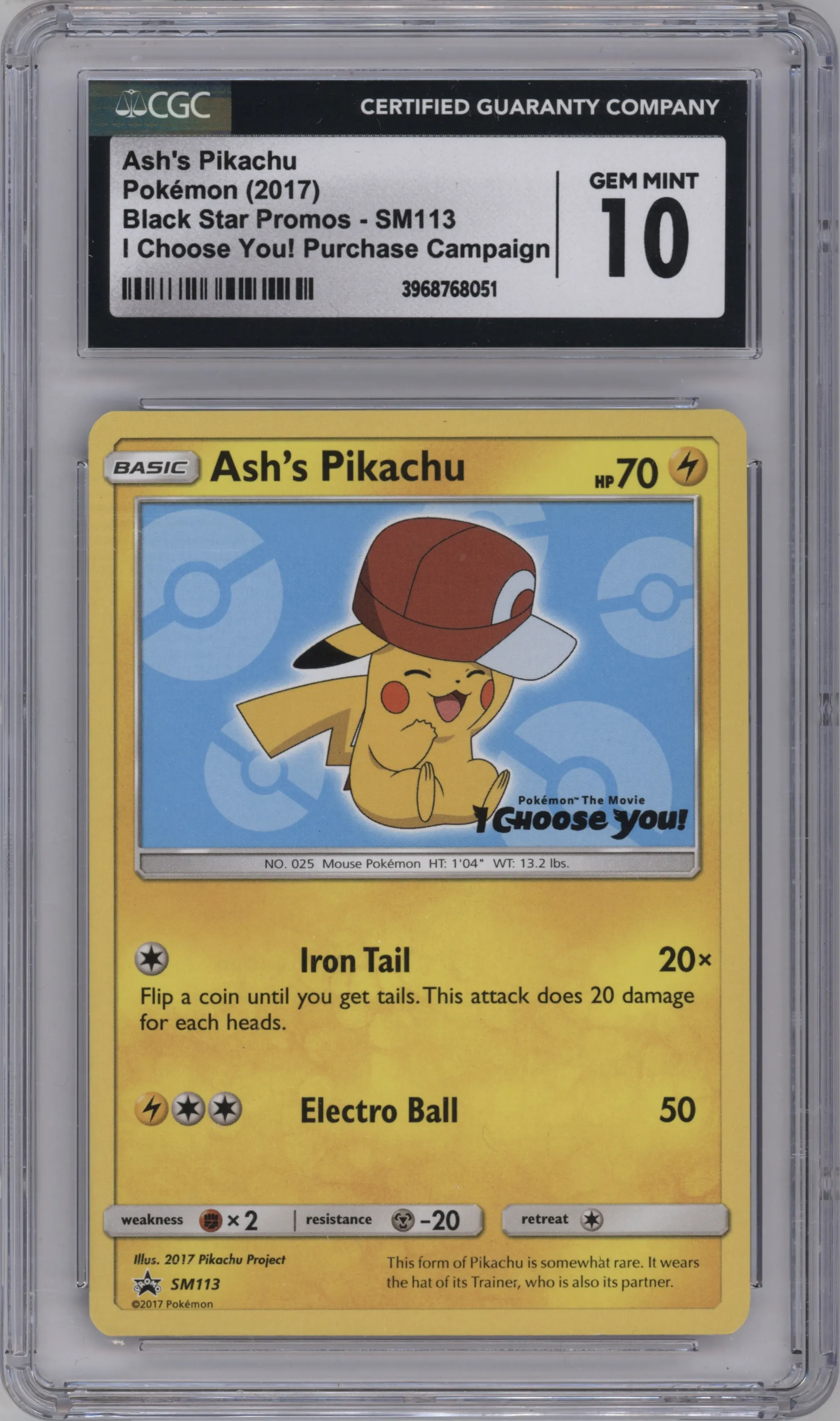 Ash's Pikachu from the 2017 Pokemon S&M set featuring a I Choose You! parallel graded by CSG and given an overall grade of 10.