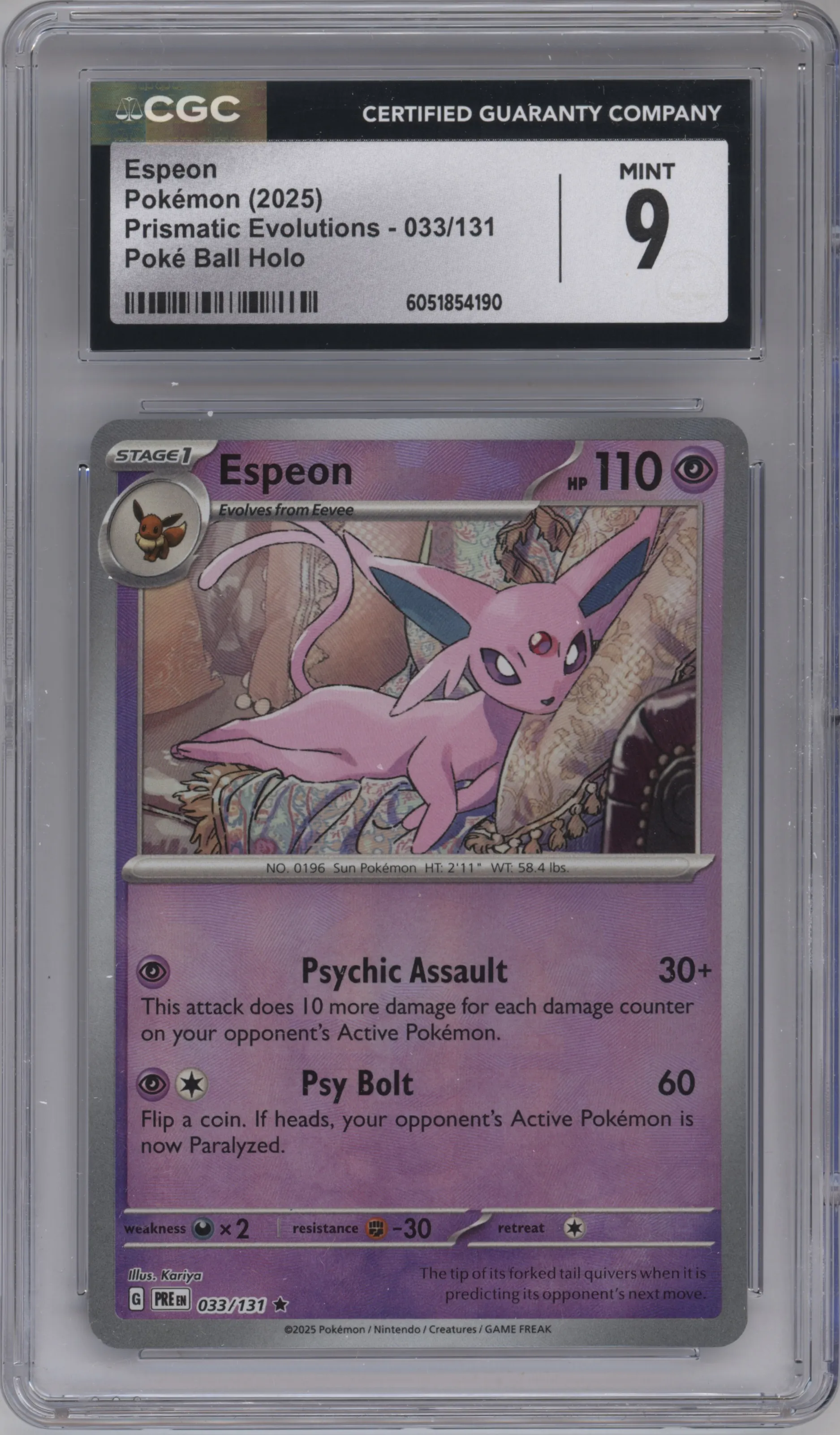 Espeon from the 2025 Pokemon SV set featuring a Poke Ball parallel graded by CSG and given an overall grade of 9.