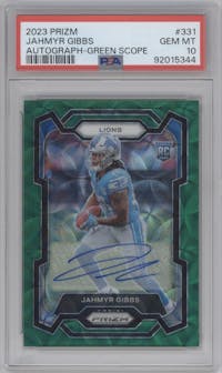 Jahmyr Gibbs from the 2023 Panini Prizm set featuring a Green Scope parallel graded by PSA and given an overall grade of 10.