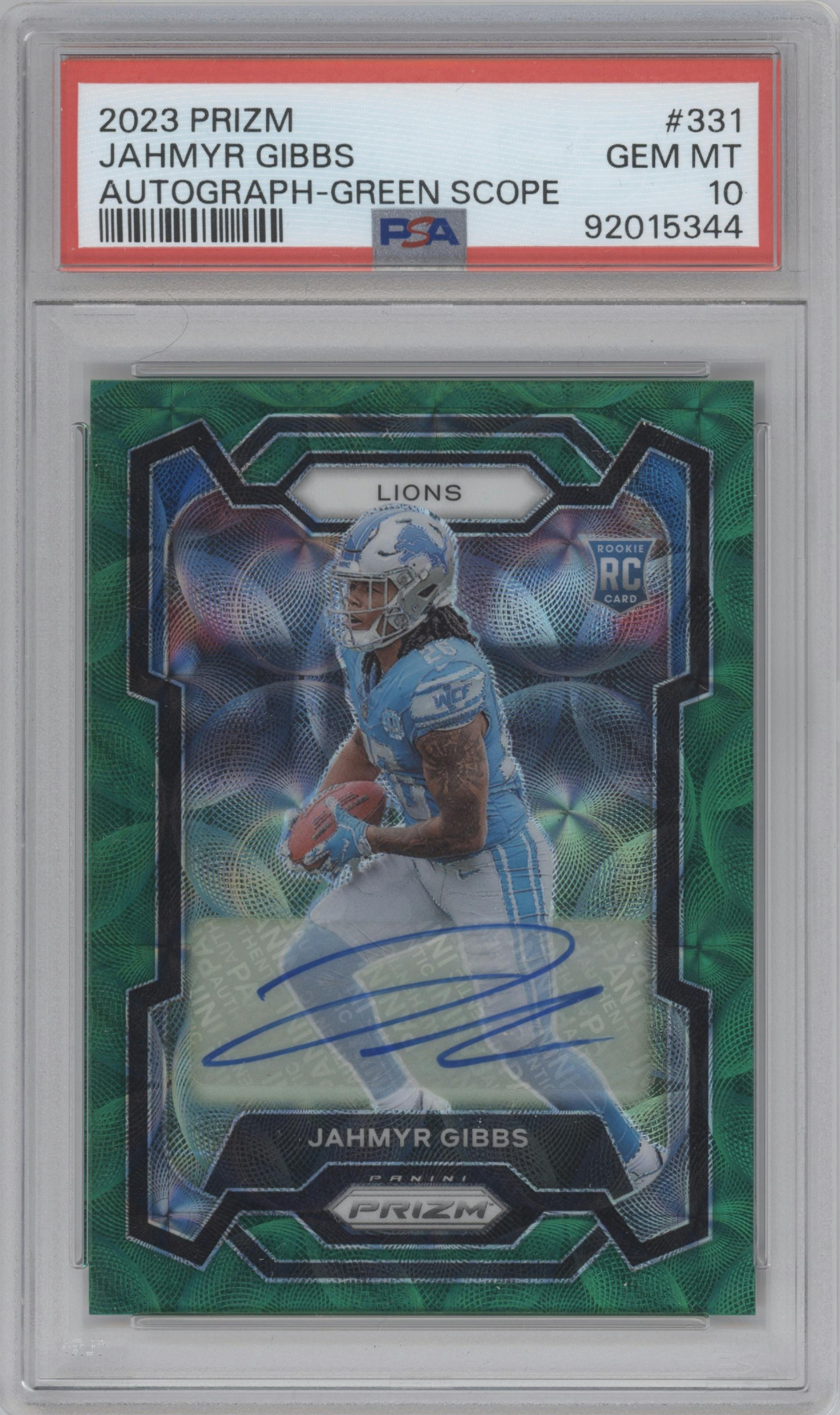 Jahmyr Gibbs from the 2023 Panini Prizm set featuring a Green Scope parallel graded by PSA and given an overall grade of 10.