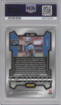 Jahmyr Gibbs from the 2023 Panini Prizm set featuring a Green Scope parallel graded by PSA and given an overall grade of 10.