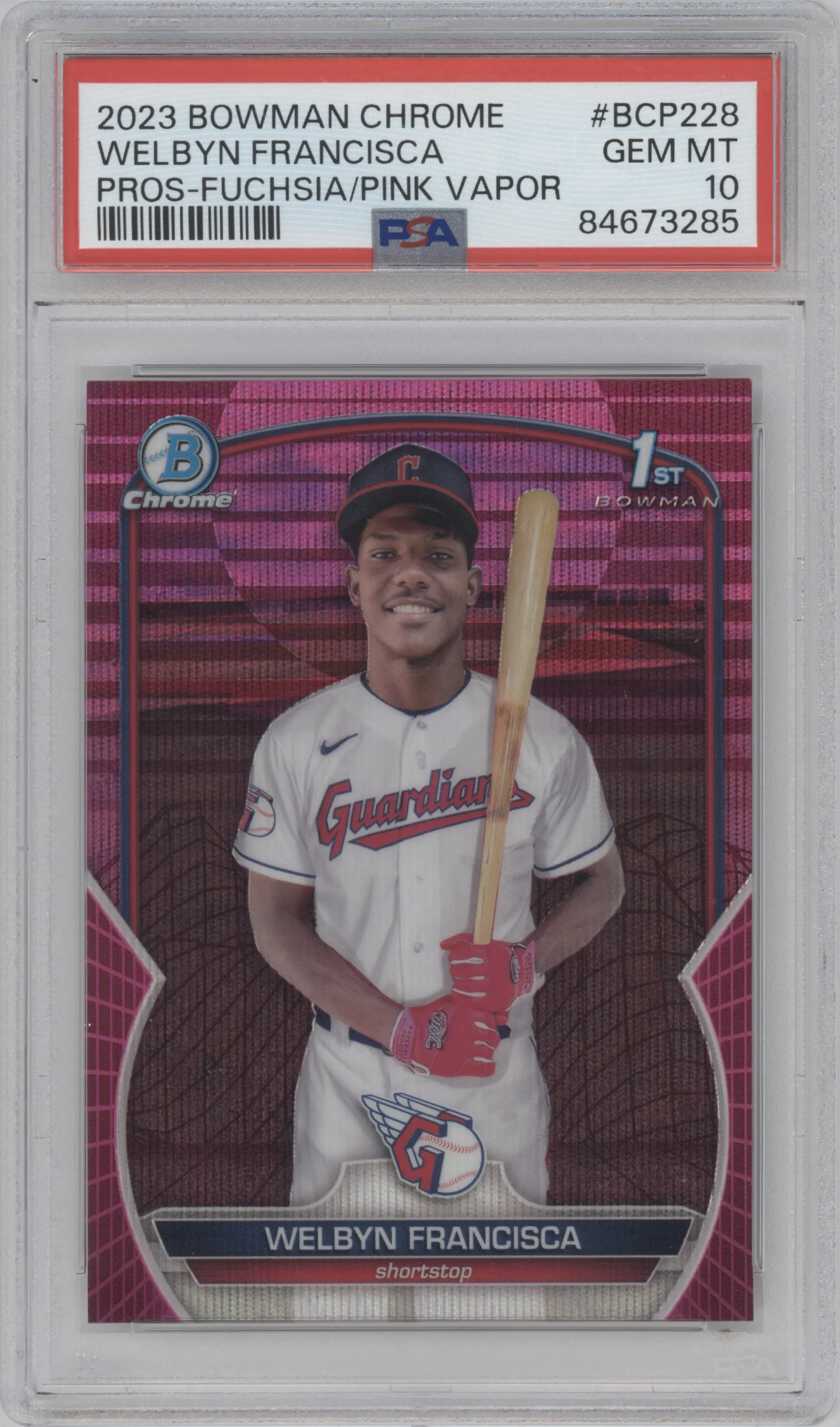 Welbyn Francisca from the 2023 Bowman Chrome set featuring a Fuchsia/Pink Vapor Refractor parallel graded by PSA and given an overall grade of 10.
