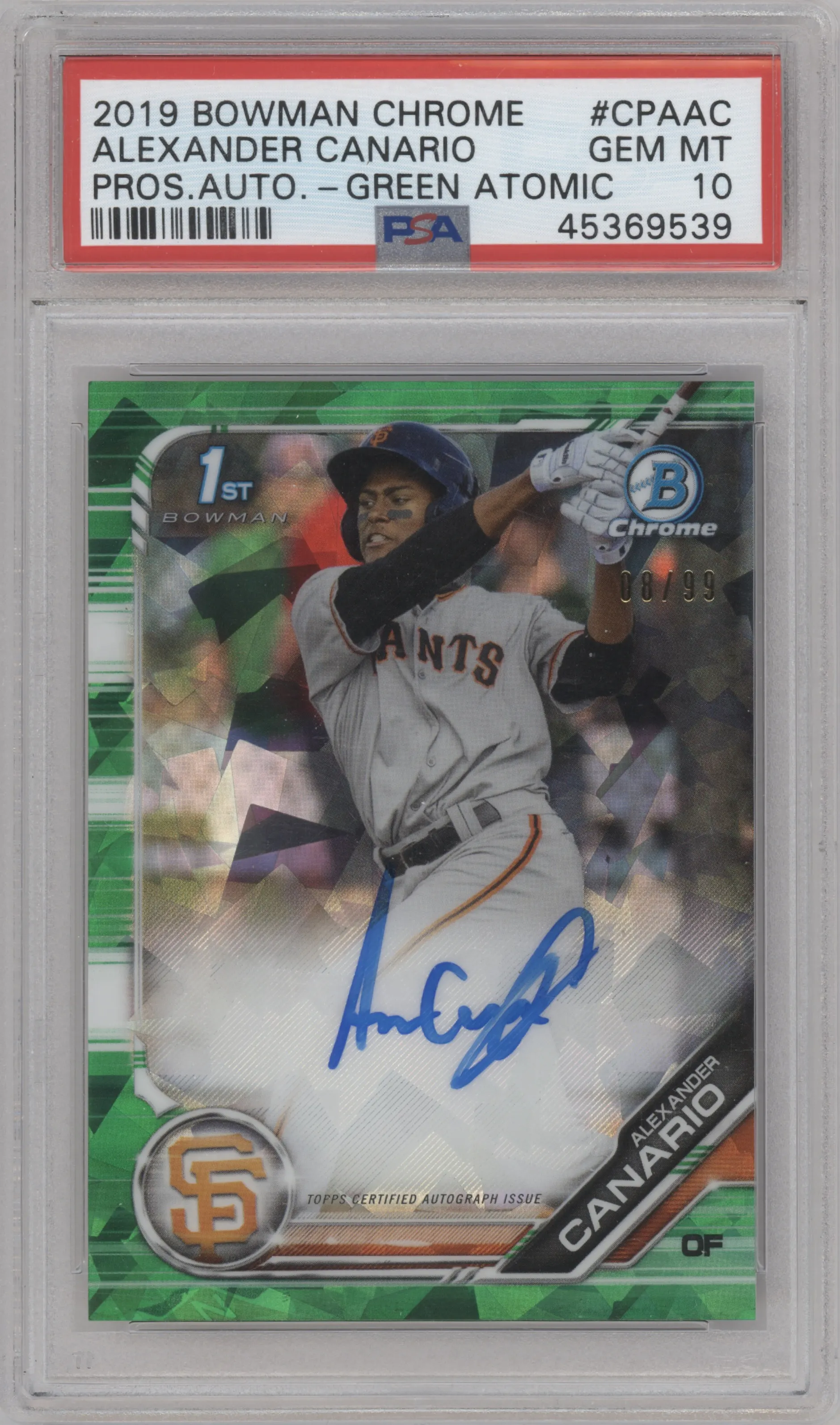 Alexander Canario from the 2019 Bowman Chrome set featuring a Green Atomic Refractor parallel graded by PSA and given an overall grade of 10.