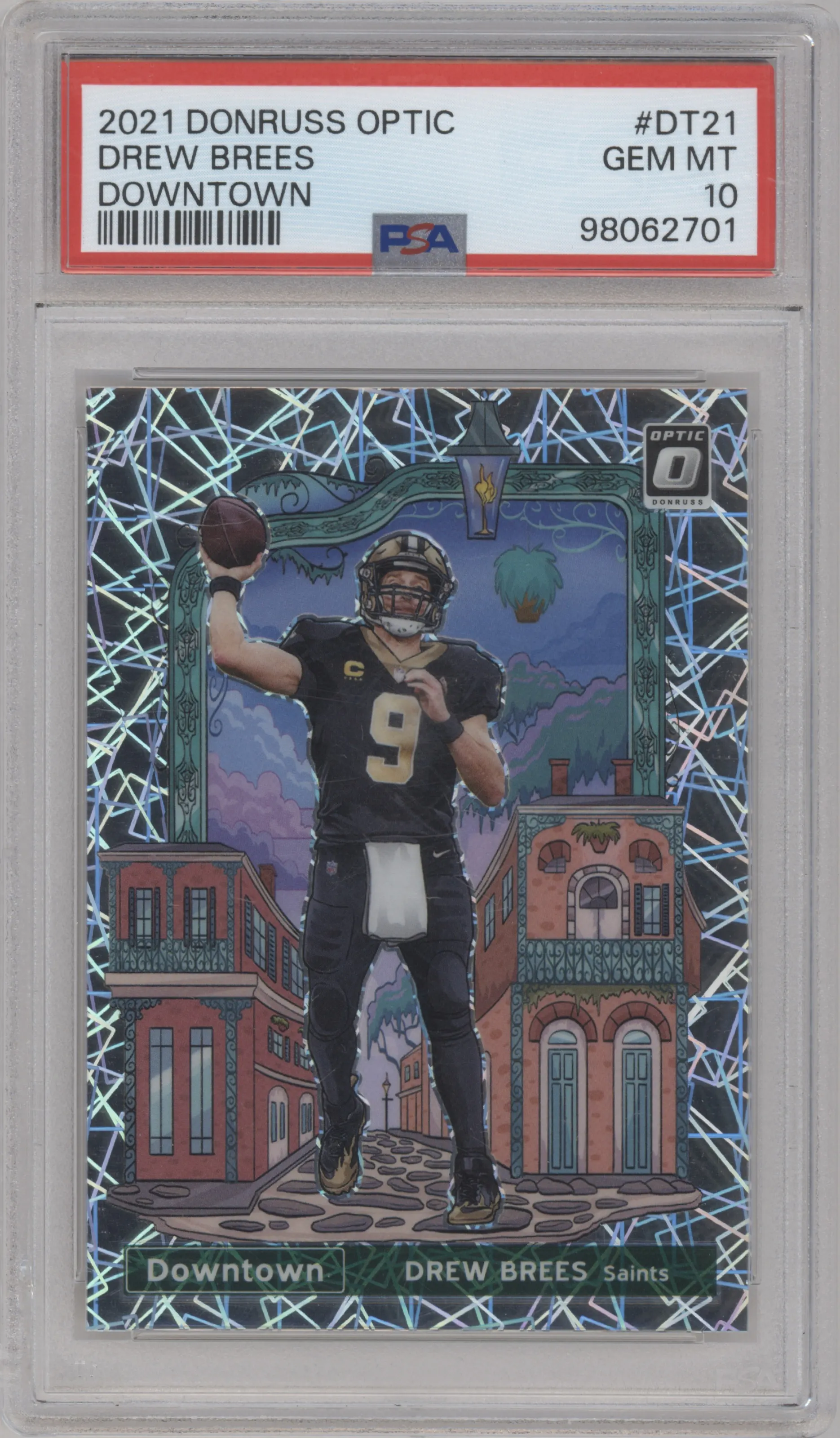 Drew Brees from the 2021 Panini Donruss Optic set graded by PSA and given an overall grade of 10.