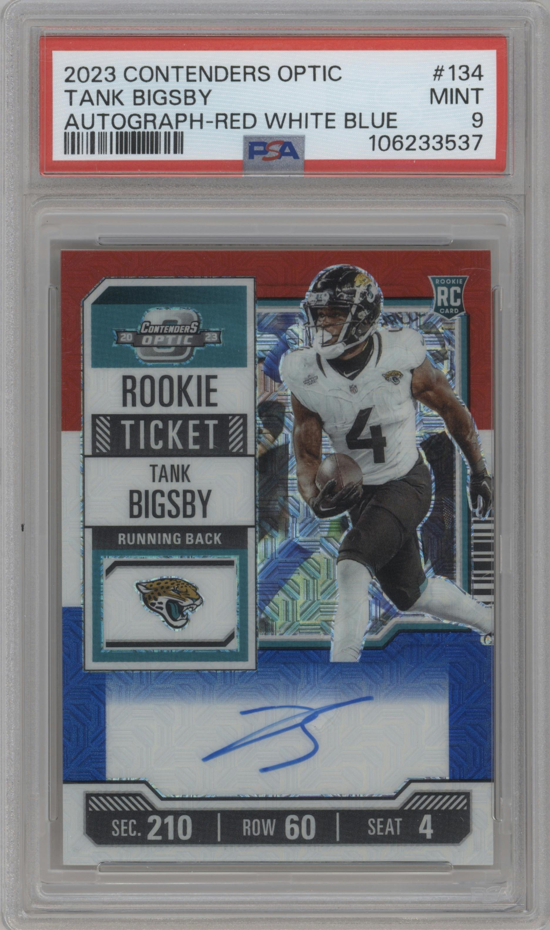 Tank Bigsby from the 2023 Panini Contenders Optic set featuring a Red, White and Blue parallel graded by PSA and given an overall grade of 9.