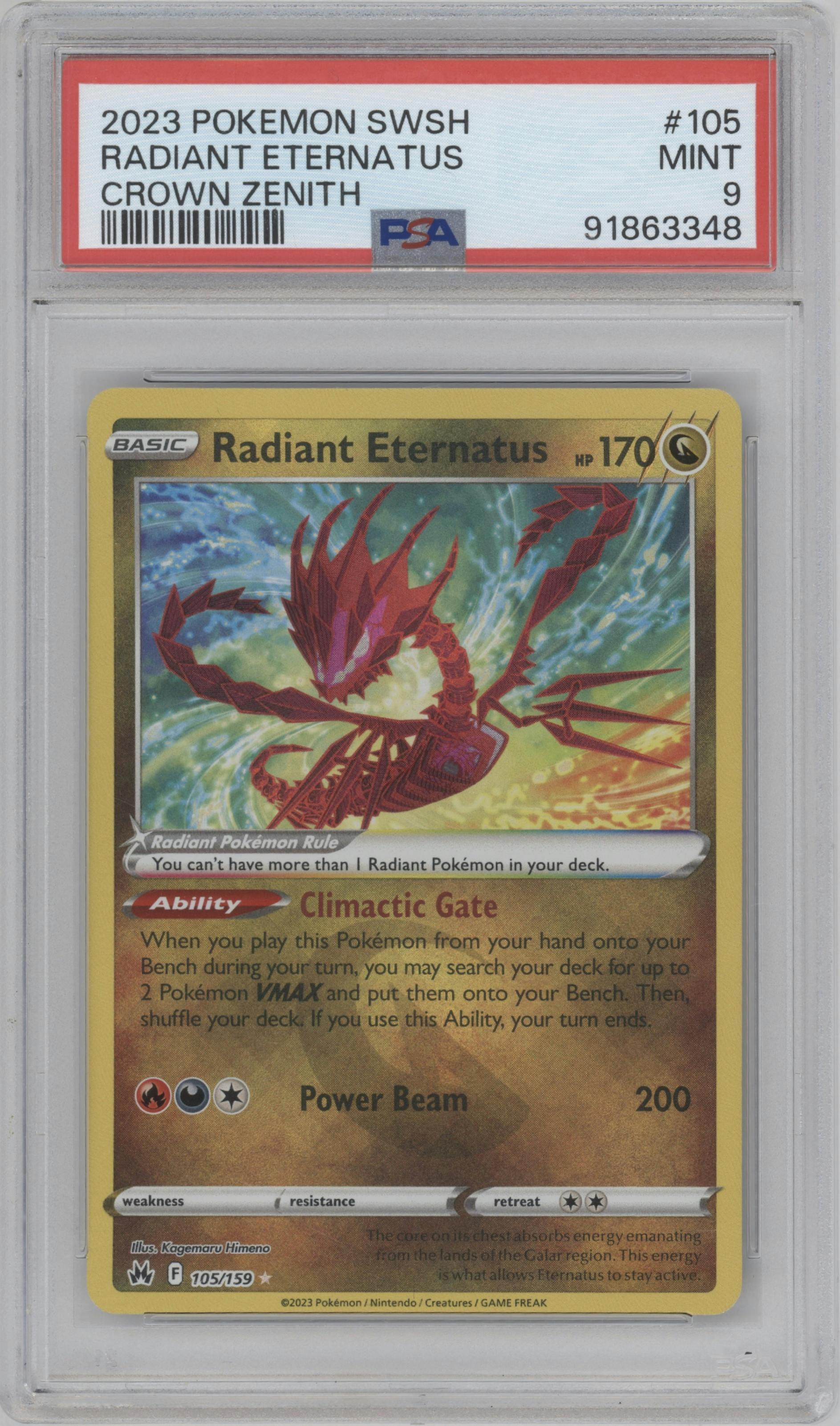 Radiant Eternatus from the 2023 Pokemon SWSH set graded by PSA and given an overall grade of 9.