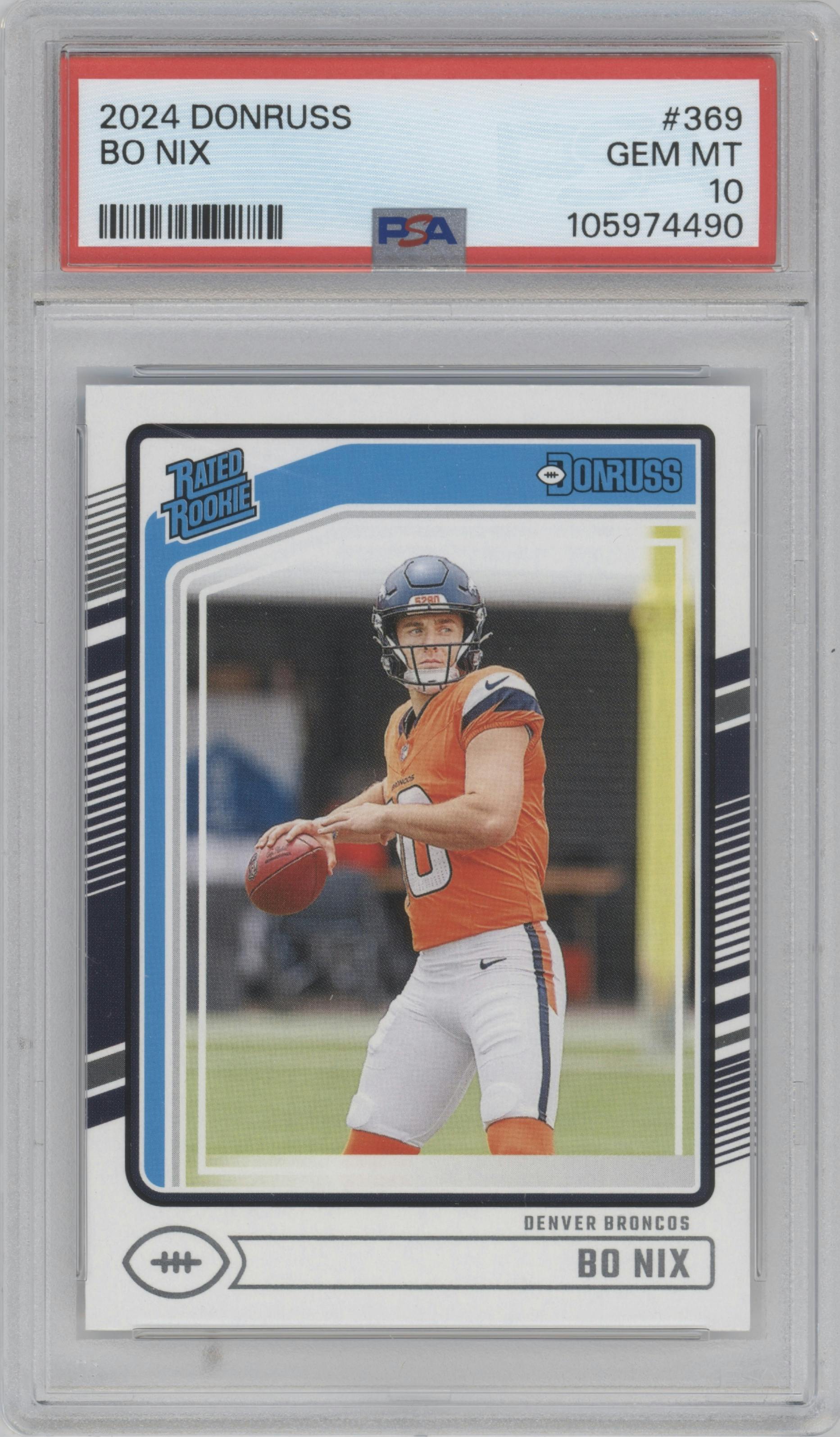 Bo Nix from the 2024 Donruss set graded by PSA and given an overall grade of 10.