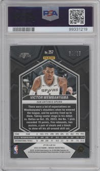 Victor Wembanyama from the 2023-24 Panini Mosaic set featuring a Fast Break Blue parallel graded by PSA and given an overall grade of 9.
