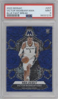 Victor Wembanyama from the 2023-24 Panini Mosaic set featuring a Fast Break Blue parallel graded by PSA and given an overall grade of 9.
