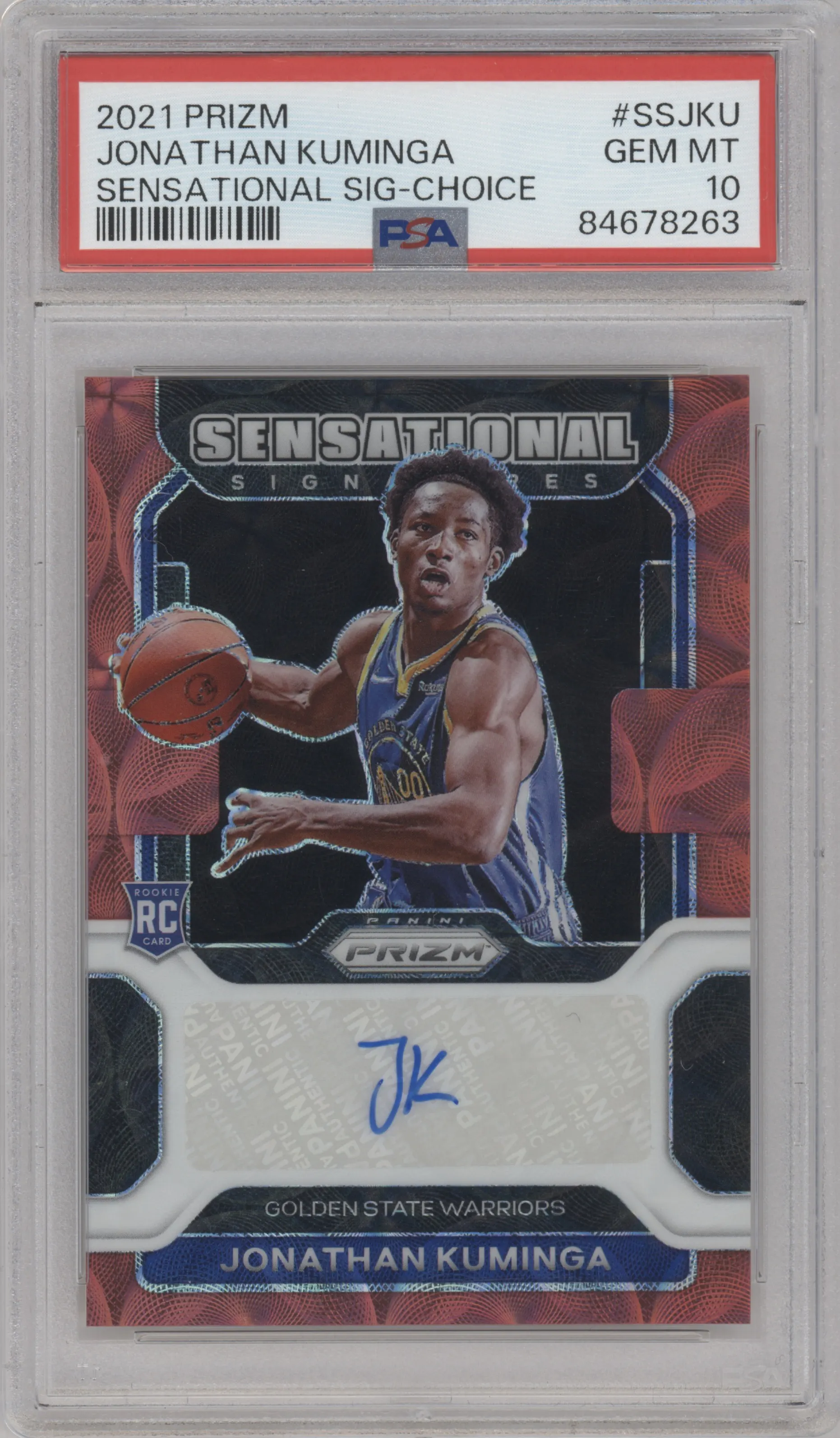 Jonathan Kuminga from the 2021-22 Panini Prizm  set featuring a Choice parallel graded by PSA and given an overall grade of 10.