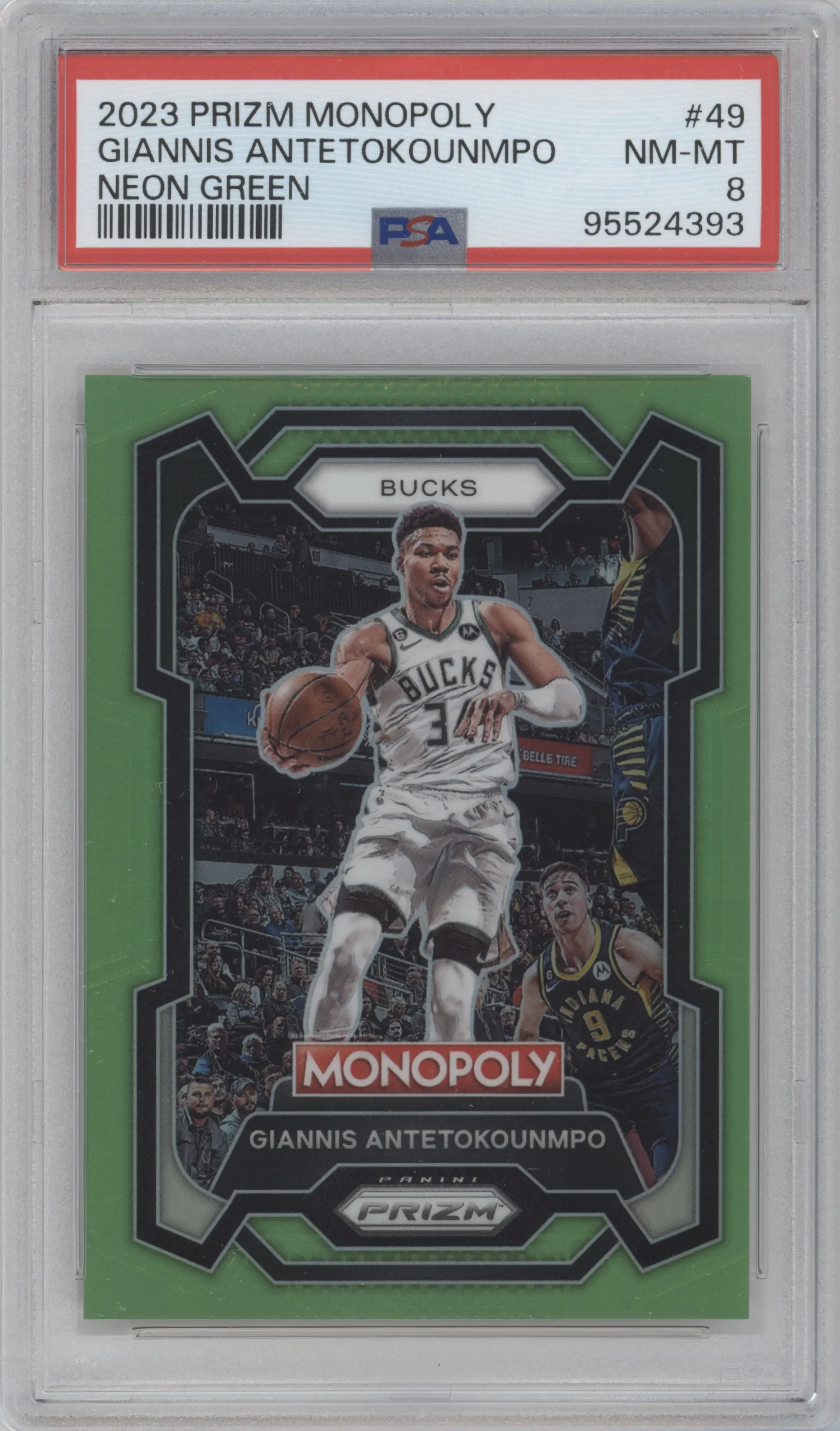 Giannis Antetokounmpo from the 2023-24 Panini Prizm Monopoly set featuring a Neon Green parallel graded by PSA and given an overall grade of 8.