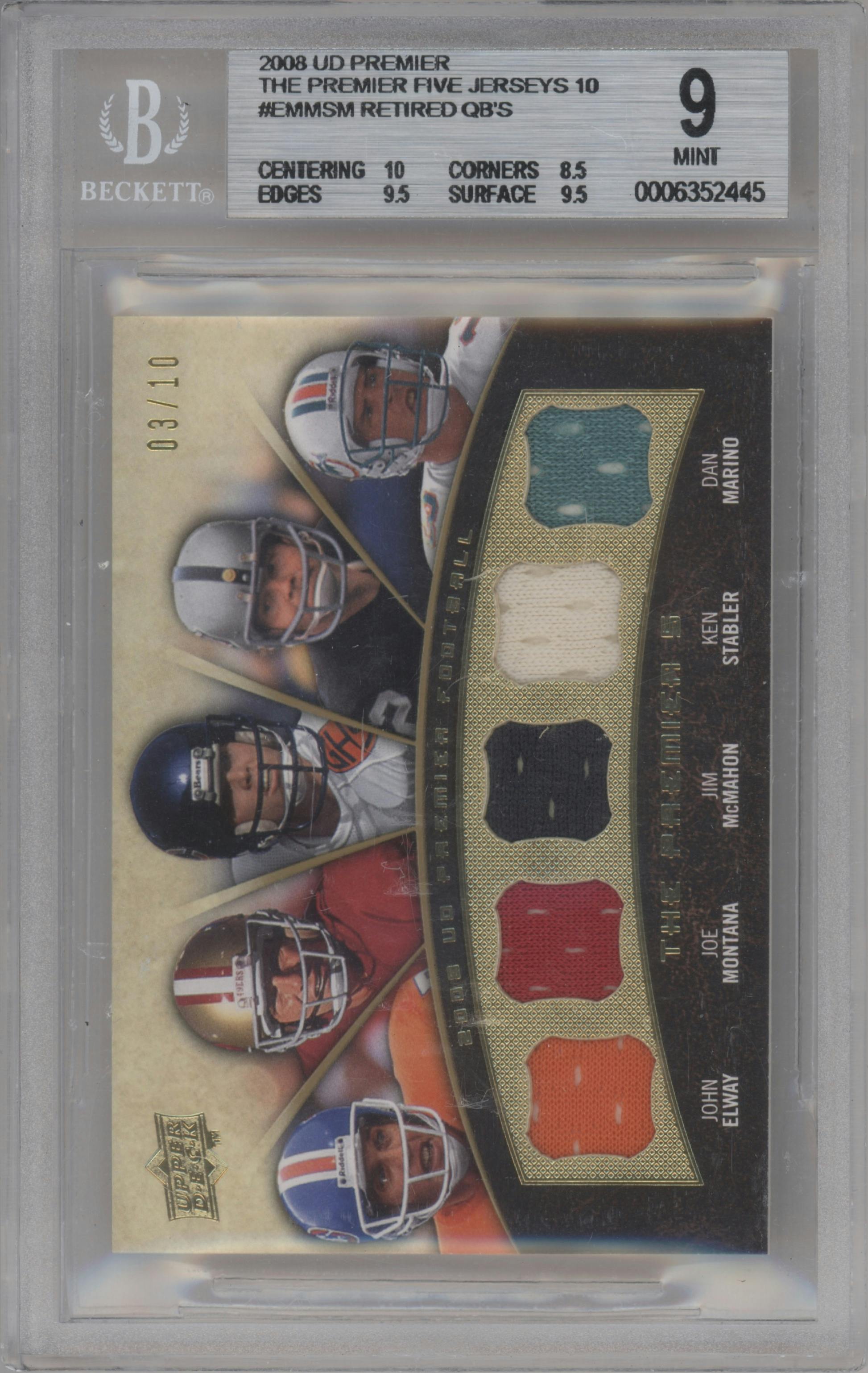 John Elway/Joe Montana/Jim McMahon/Ken Stabler/Dan Marino from the 2008 Upper Deck Premier  set graded by Beckett and given an overall grade of 9.