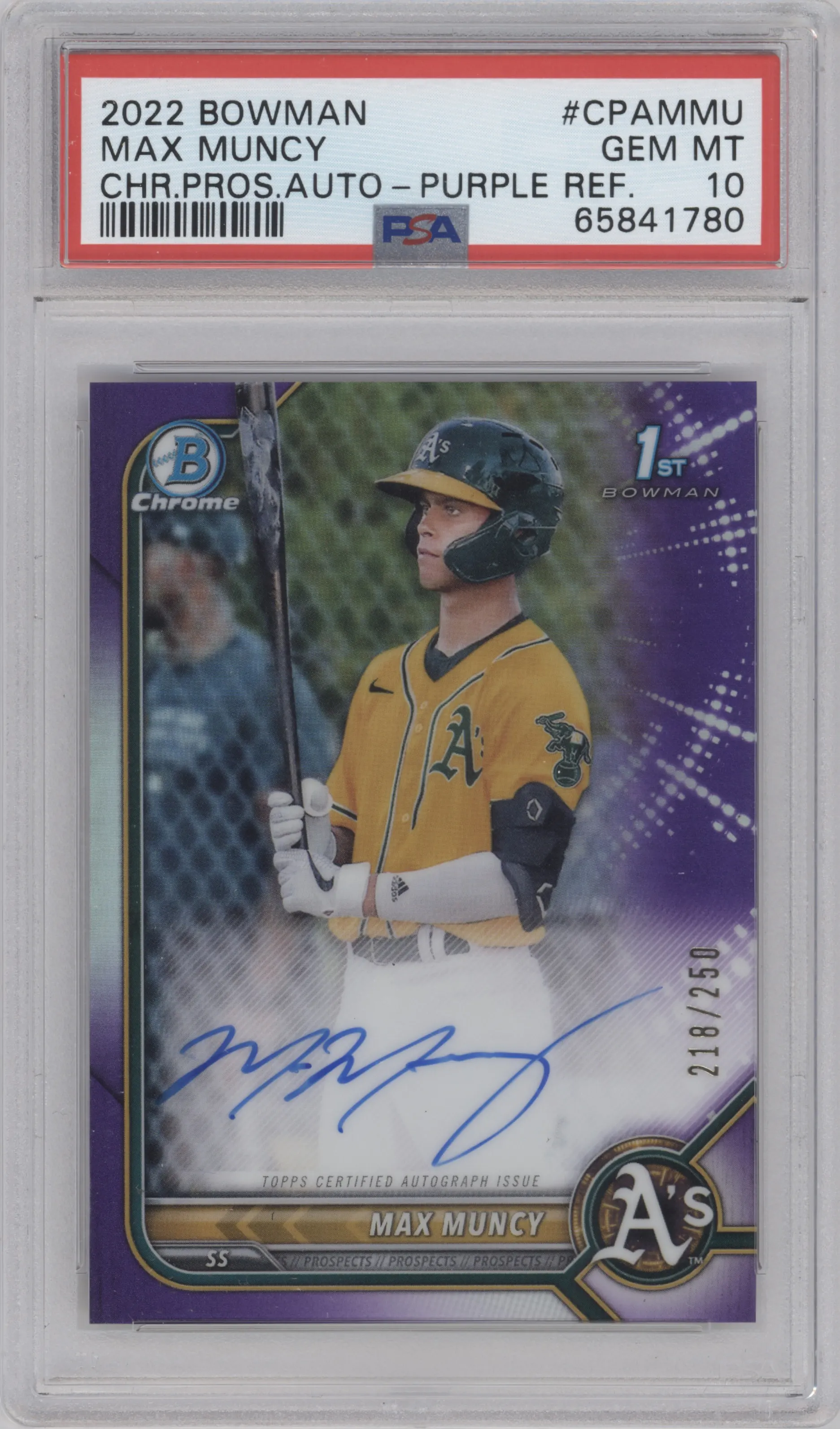 Max Muncy from the 2022 Bowman set featuring a Purple Refractor parallel graded by PSA and given an overall grade of 10.