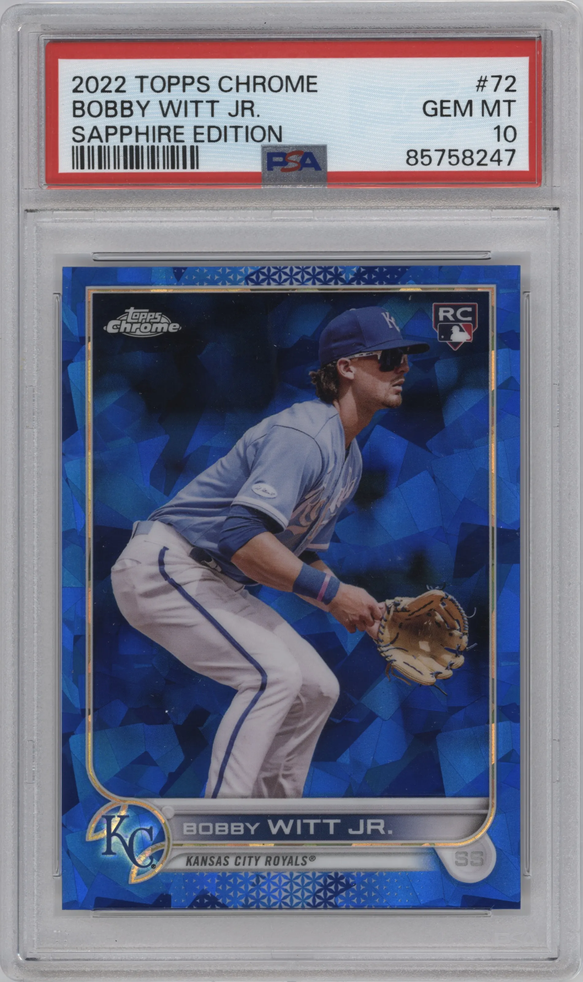 Bobby Witt Jr. from the 2022 Topps Chrome Sapphire Edition  set graded by PSA and given an overall grade of 10.