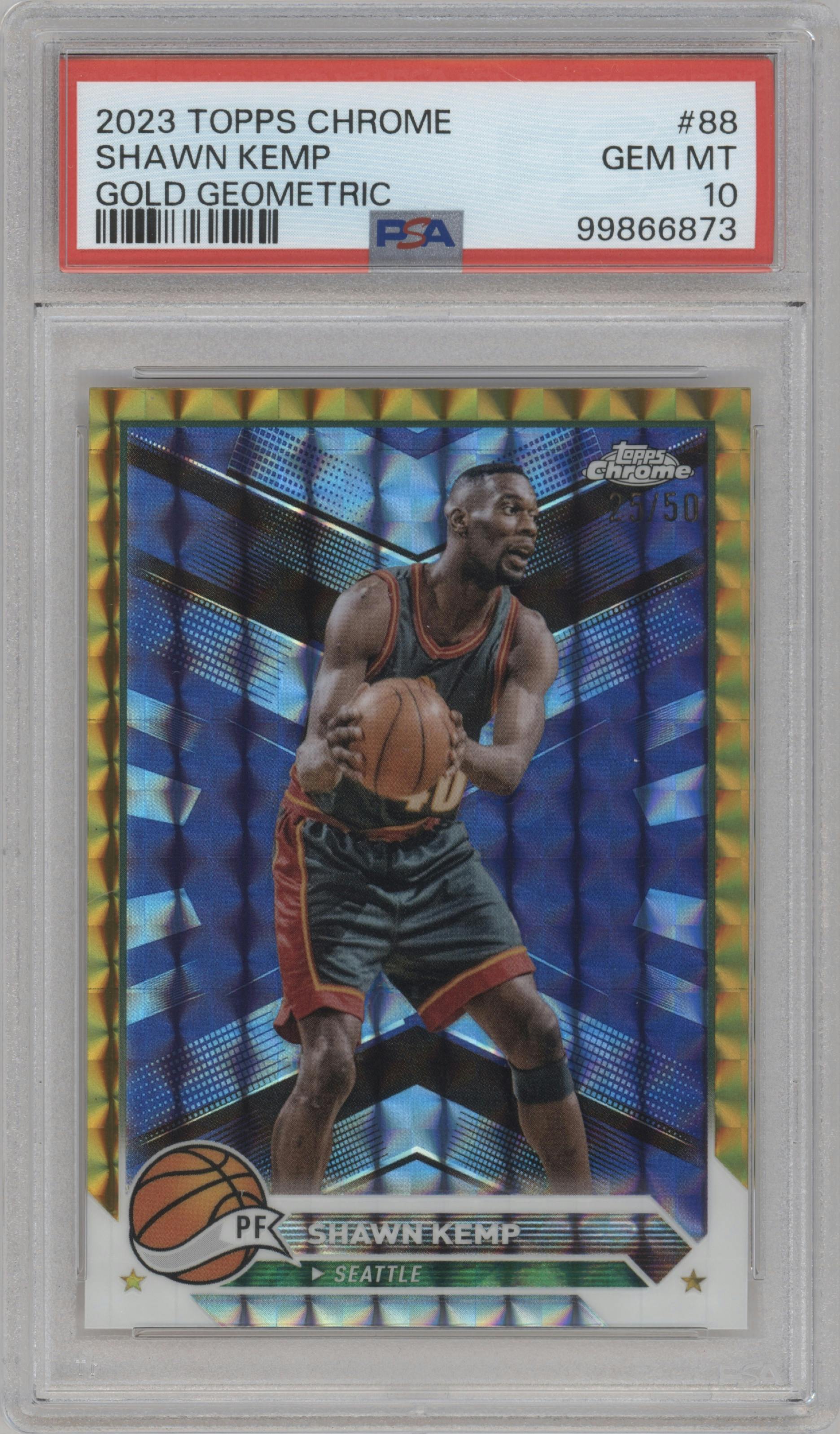 Shawn Kemp from the 2023-24 Topps Chrome set featuring a  Gold Geometric parallel graded by PSA and given an overall grade of 10.