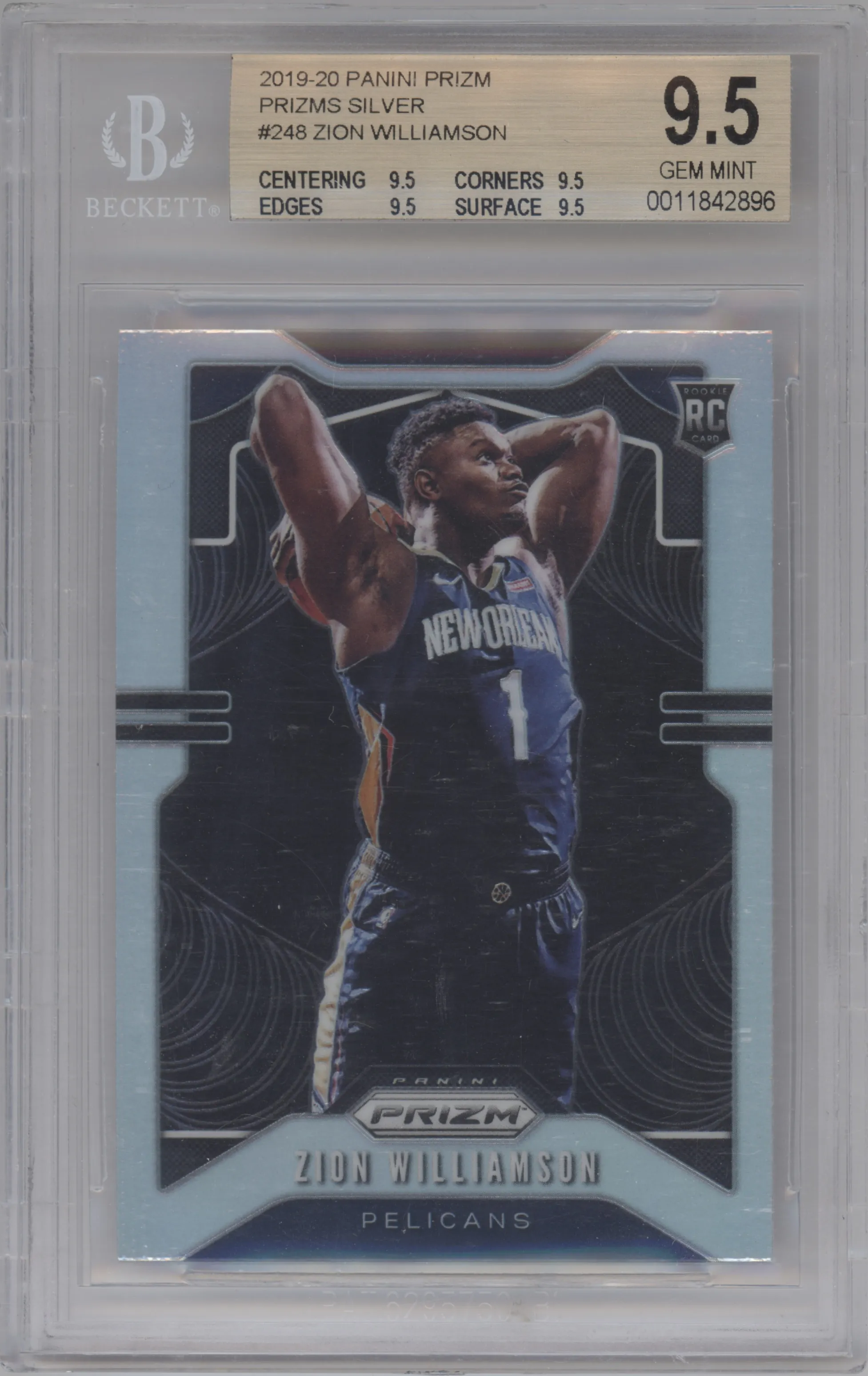 Zion Williamson from the 2019-20 Panini Prizm set featuring a Silver Prizm parallel graded by Beckett and given an overall grade of 9.5.