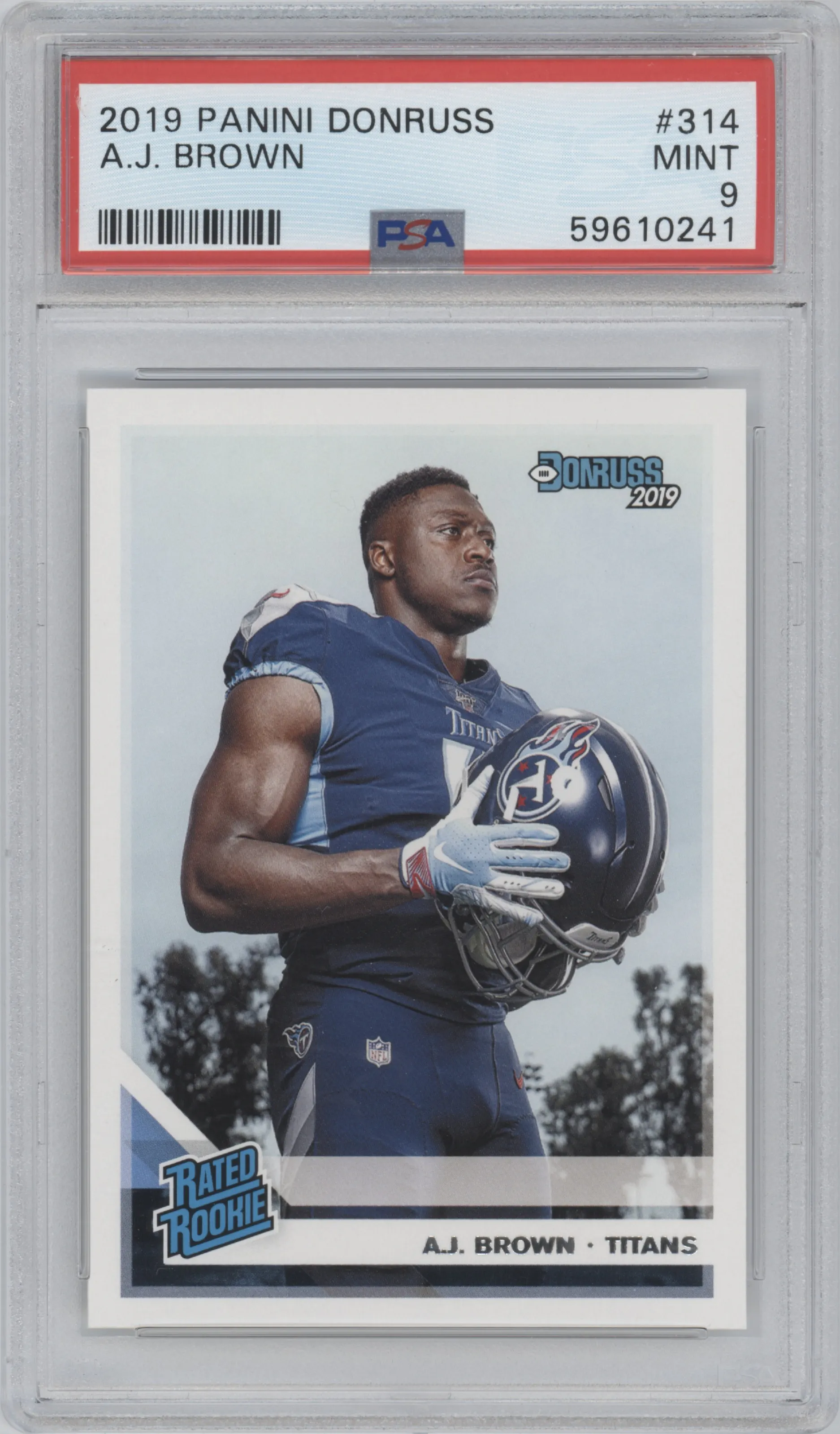 A.J. Brown from the 2019 Panini Donruss set graded by PSA and given an overall grade of 9.