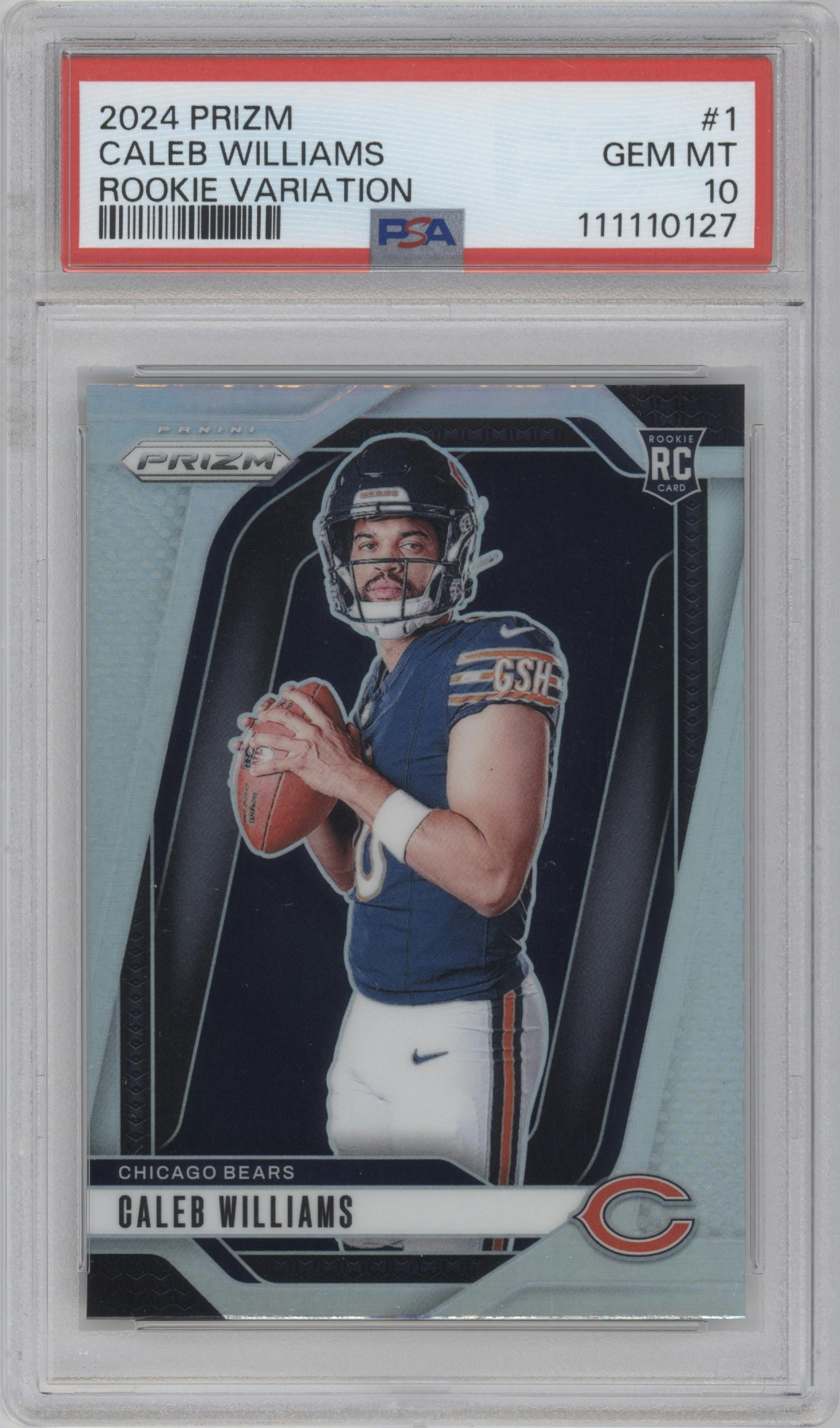Caleb Williams from the 2024 Panini Prizm set graded by PSA and given an overall grade of 10.