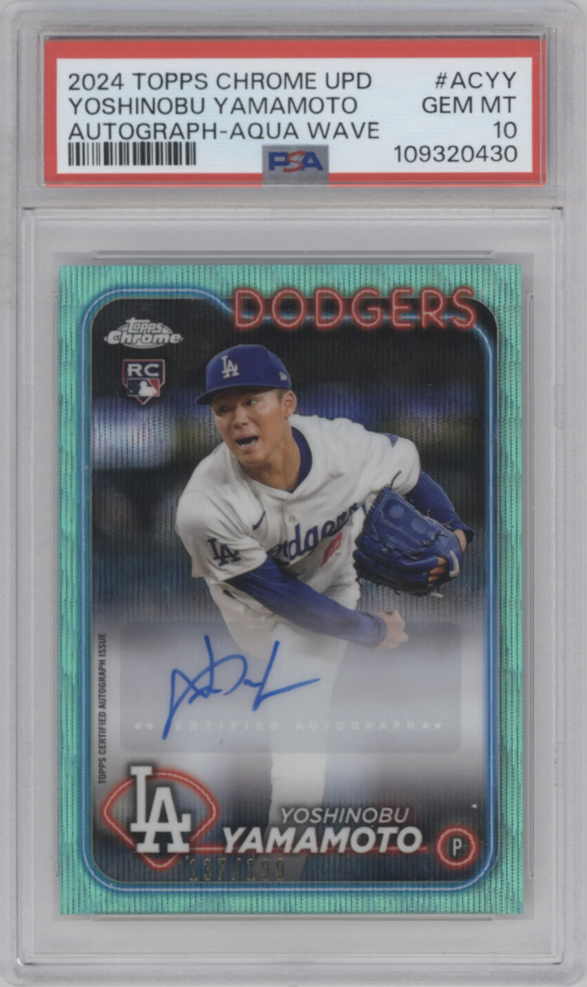 Yoshinobu Yamamoto from the 2024 Topps Chrome Update set featuring a Aqua Wave Refractor parallel graded by PSA and given an overall grade of 10.
