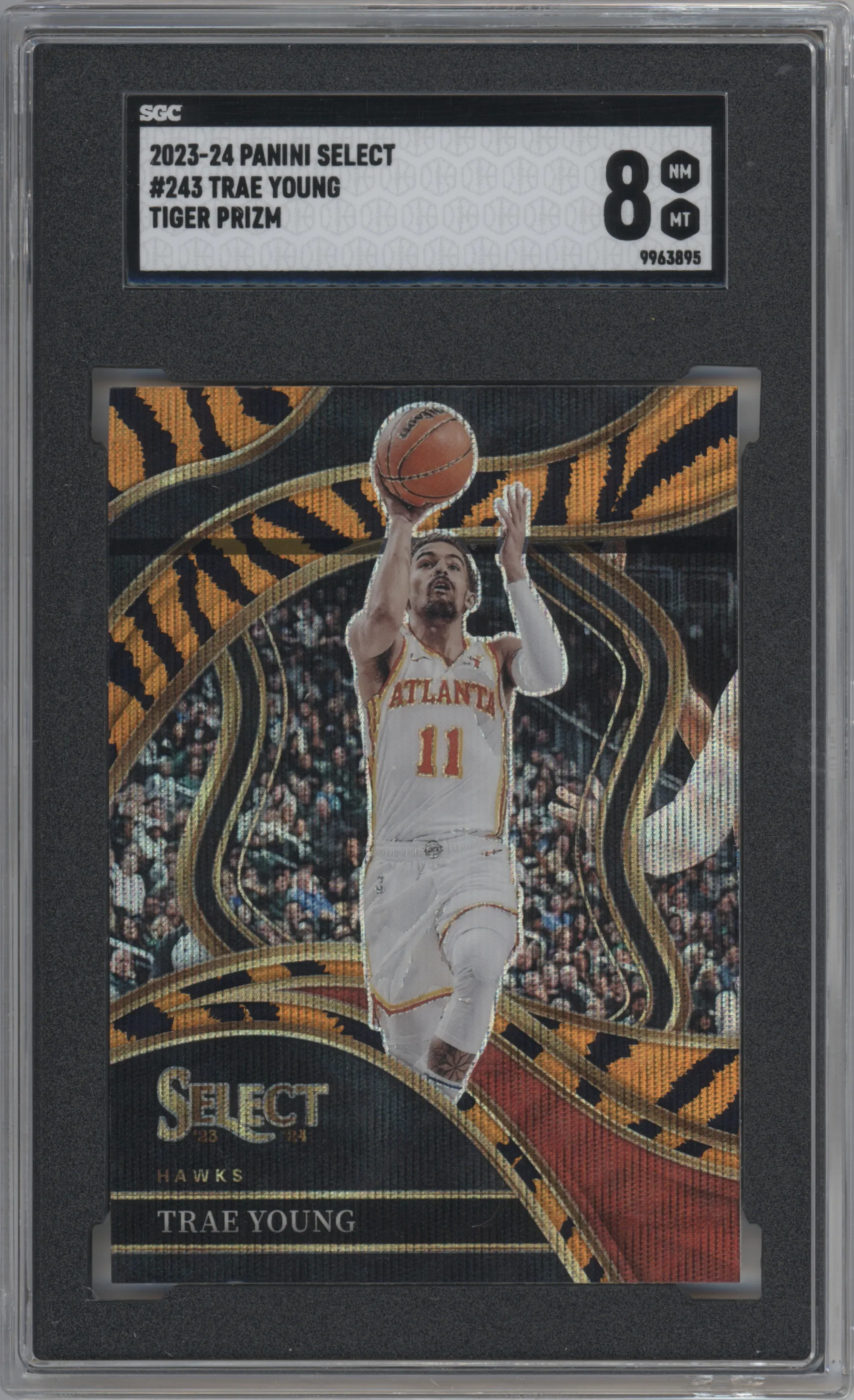 Trae Young from the 2023-24 Panini Select  set featuring a Tiger parallel graded by SGC and given an overall grade of 8.