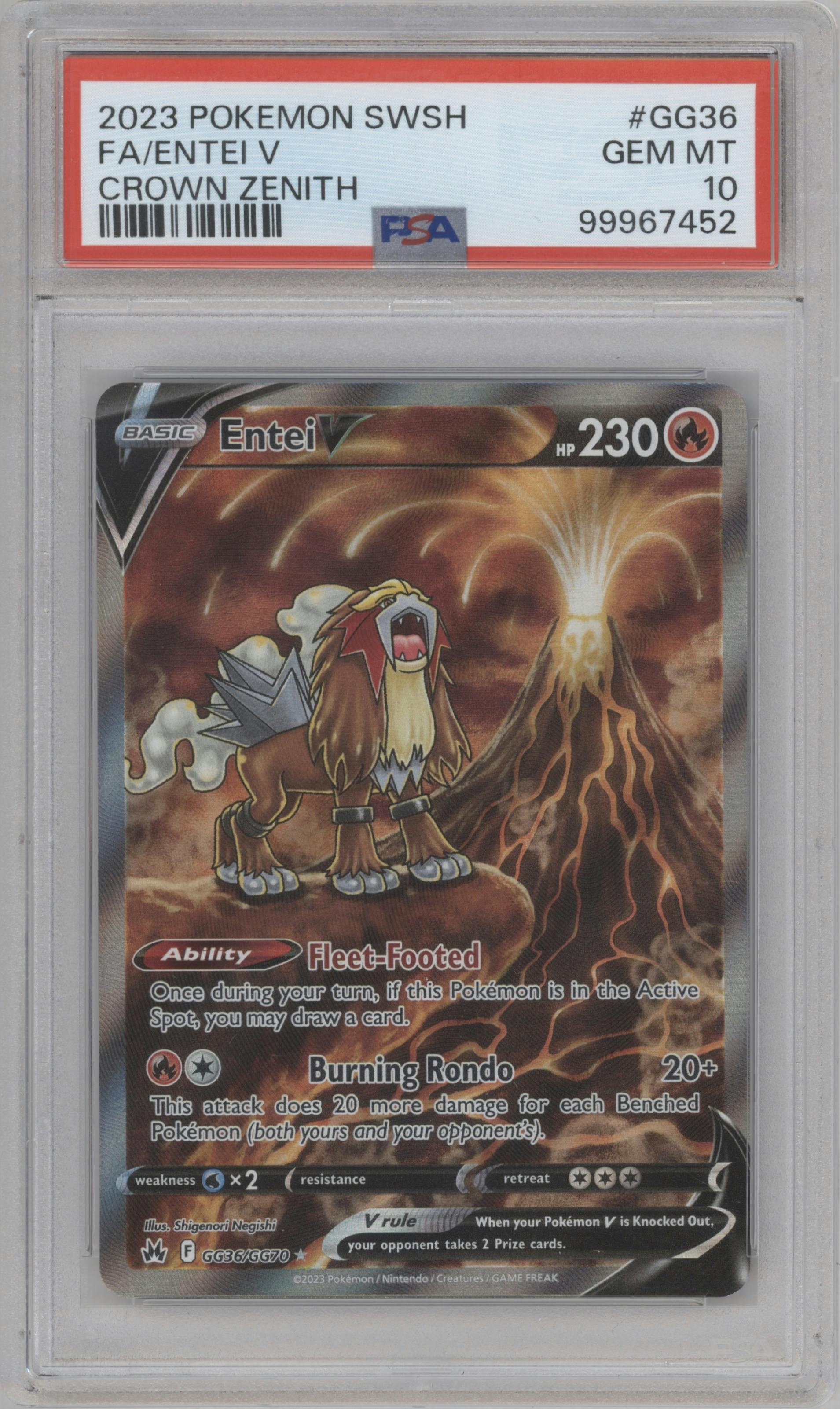 Entei V from the 2023 Pokemon SWSH set graded by PSA and given an overall grade of 10.