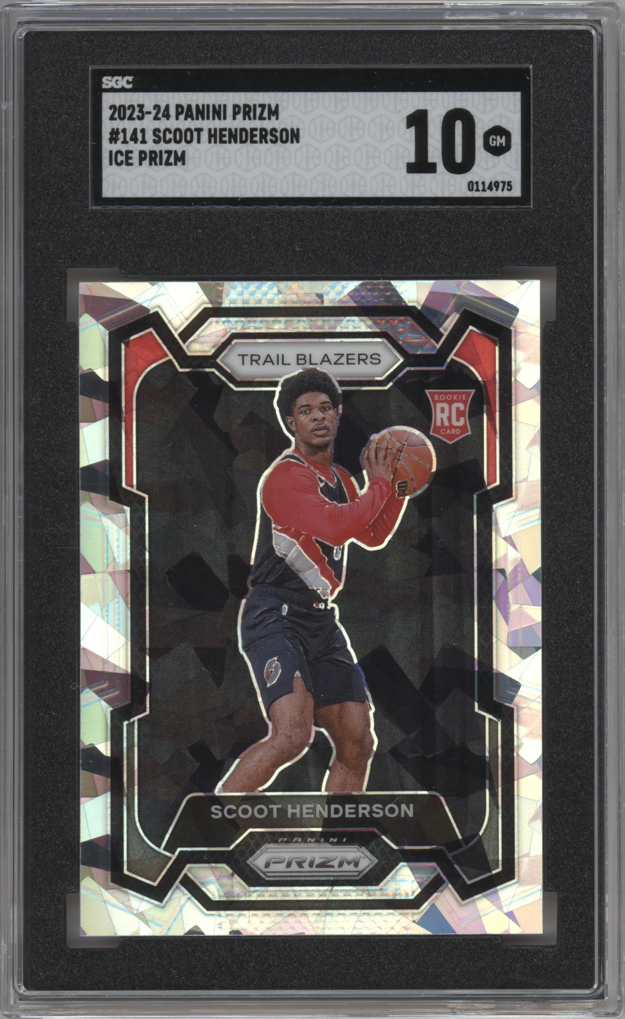Scoot Henderson from the 2023-24 Panini Prizm set featuring a Ice Prizm parallel graded by SGC and given an overall grade of 10.