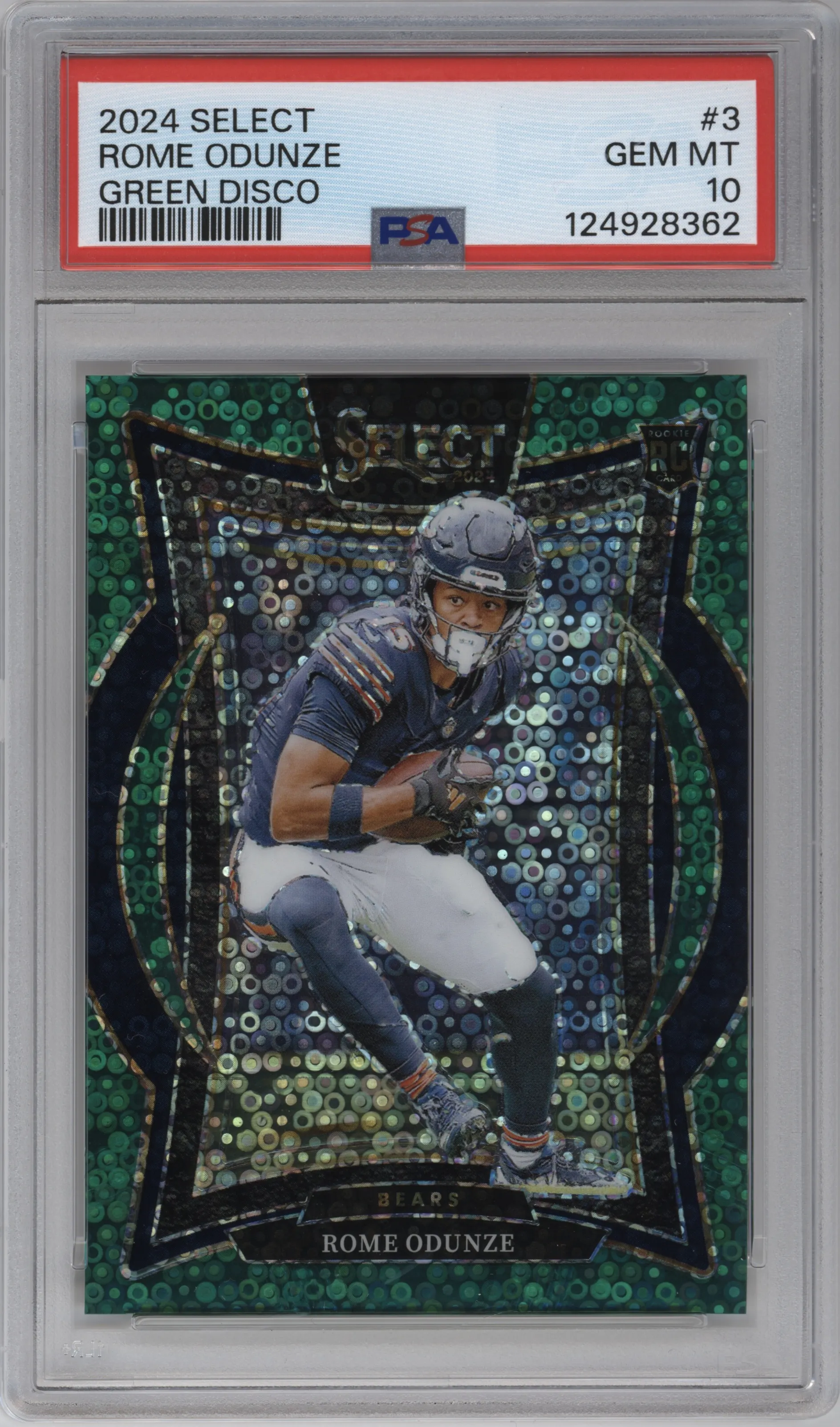 Rome Odunze from the 2024 Panini Select set featuring a Green Disco parallel graded by PSA and given an overall grade of 10.