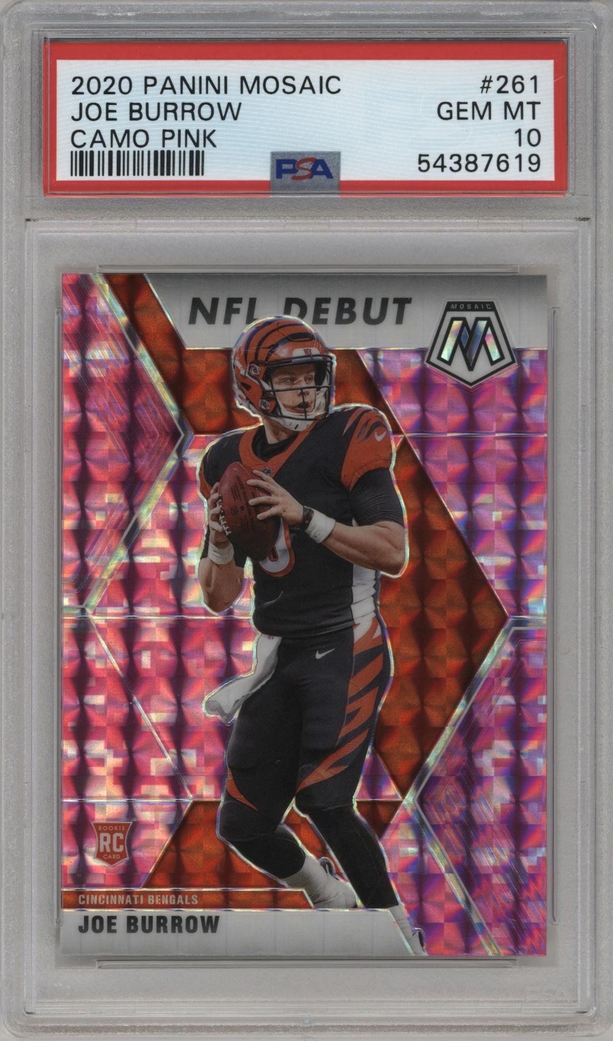 Joe Burrow from the 2020 Panini Mosaic set featuring a Pink Camo parallel graded by PSA and given an overall grade of 10.
