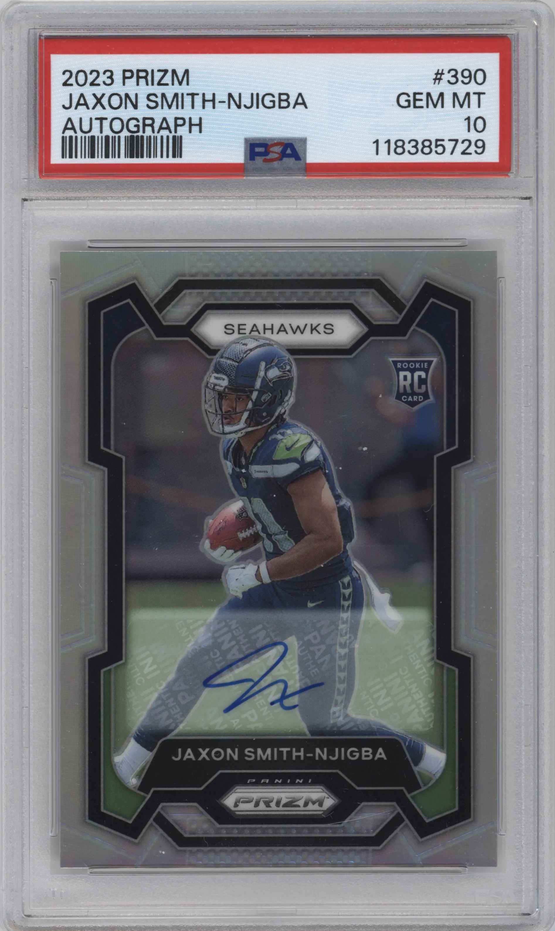 Jaxon Smith-Njigba from the 2023 Panini Prizm set graded by PSA and given an overall grade of 10.