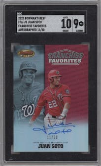 Juan Soto from the 2020 Bowman’s Best set featuring a Gold Refractor parallel graded by SGC and given an overall grade of 9.