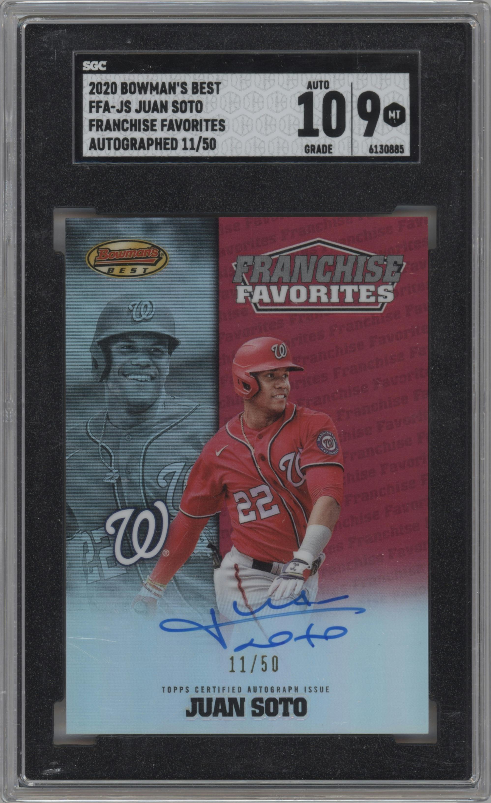 Juan Soto from the 2020 Bowman’s Best set featuring a Gold Refractor parallel graded by SGC and given an overall grade of 9.