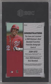 Juan Soto from the 2020 Bowman’s Best set featuring a Gold Refractor parallel graded by SGC and given an overall grade of 9.