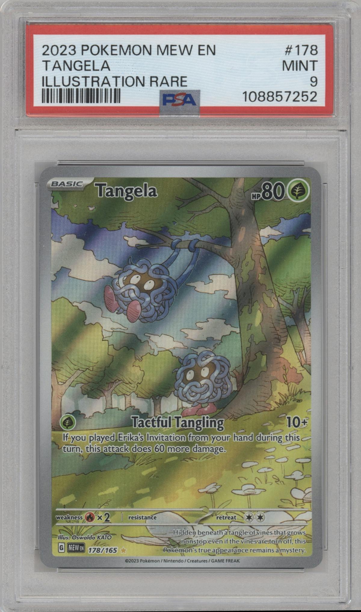 Tangela from the 2023 Pokemon SV set graded by PSA and given an overall grade of 9.
