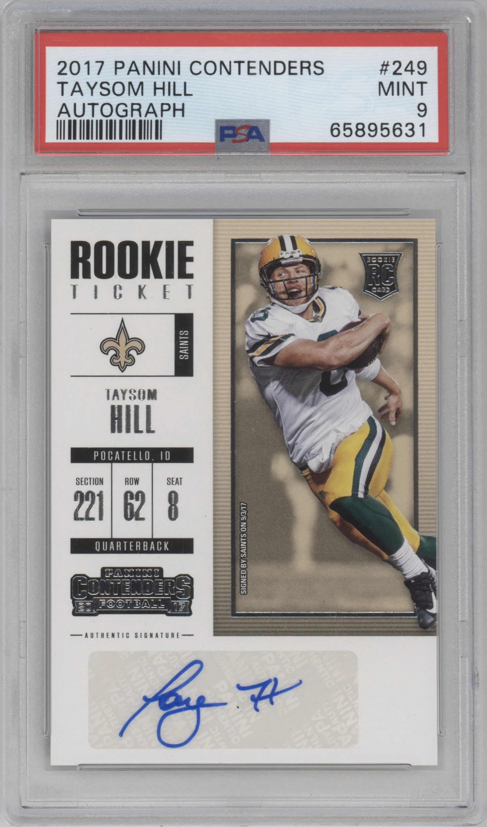 Taysom Hill from the 2017 Panini Contenders set graded by PSA and given an overall grade of 9.