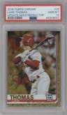 Lane Thomas from the 2019 Topps Chrome Update set featuring a Gold Refractor parallel graded by PSA and given an overall grade of 10.