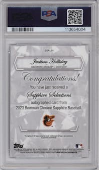 Jackson Holliday from the 2023 Bowman Chrome Sapphire Edition set featuring a Purple parallel graded by PSA and given an overall grade of 10.