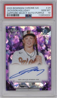 Jackson Holliday from the 2023 Bowman Chrome Sapphire Edition set featuring a Purple parallel graded by PSA and given an overall grade of 10.