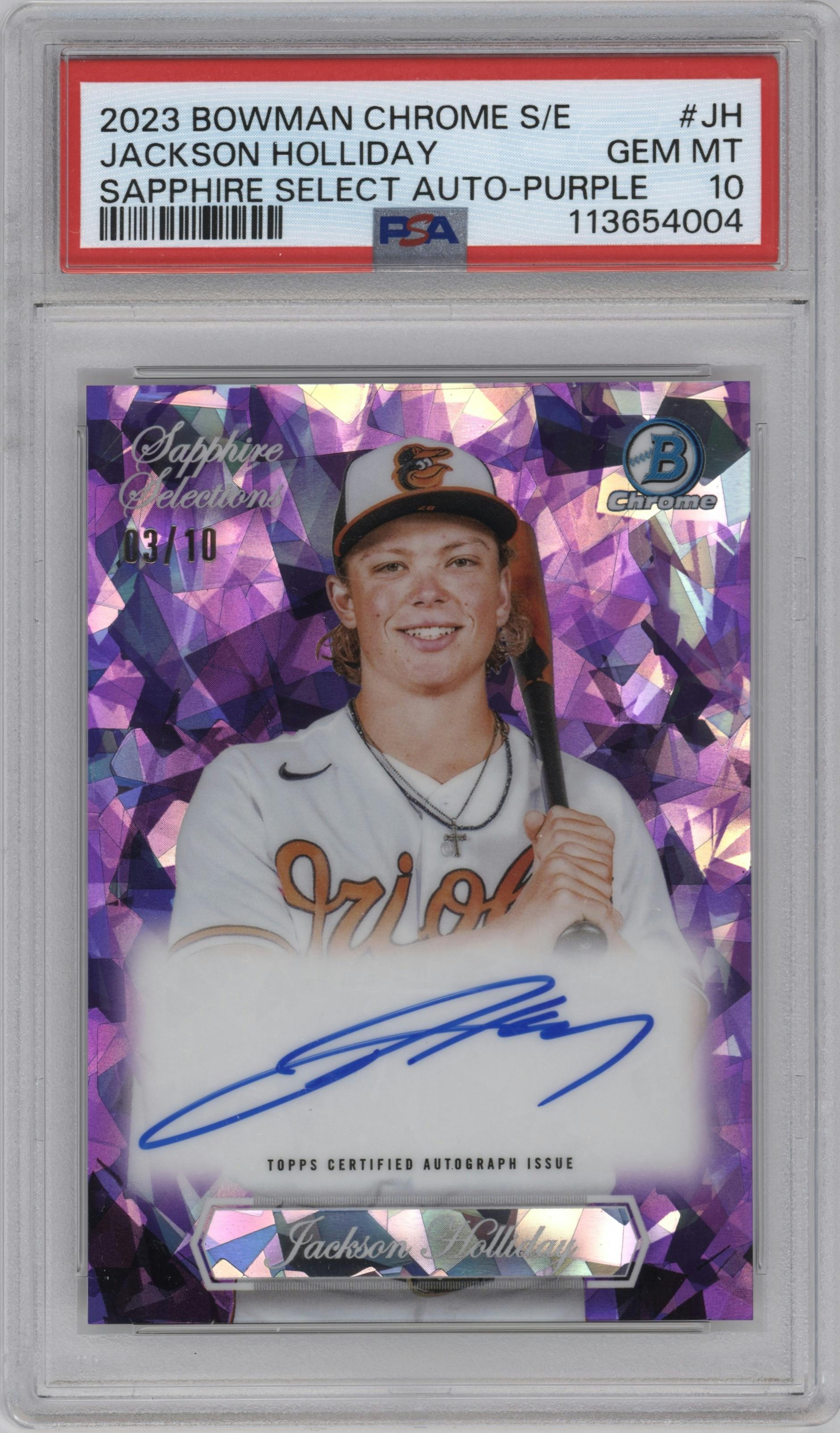Jackson Holliday from the 2023 Bowman Chrome Sapphire Edition set featuring a Purple parallel graded by PSA and given an overall grade of 10.