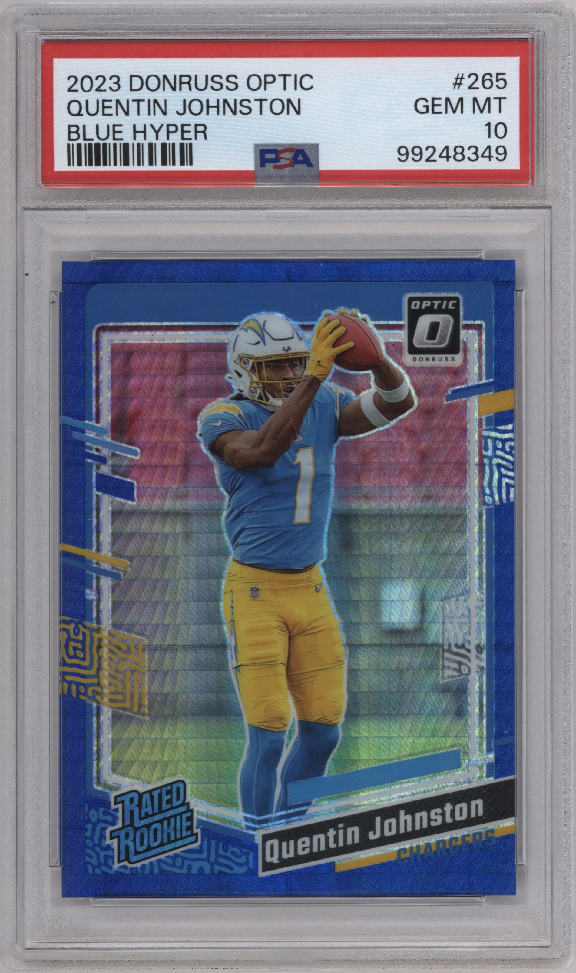 Quentin Johnston from the 2023 Donruss Optic set featuring a Hyper Blue  parallel graded by PSA and given an overall grade of 10.